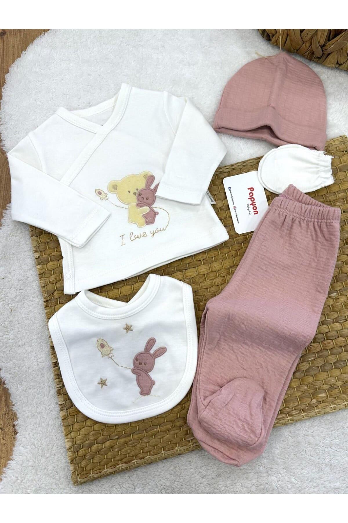 Papyon Baby Kids Sevimli Ayıcık Tavşan Nakışlı Yenidoğan Kız Bebek 5li Zıbın Set