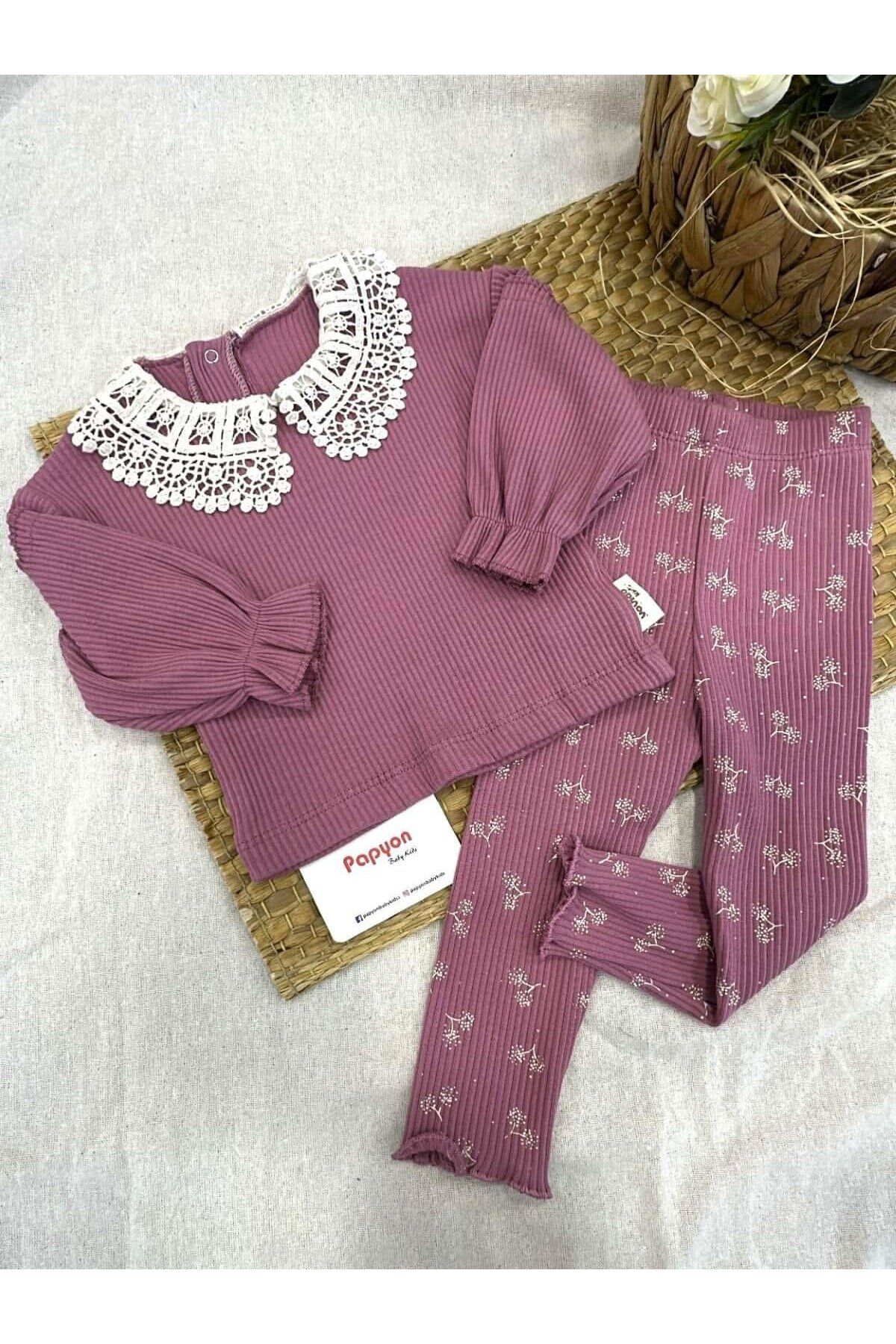 Papyon Baby Kids Dantel Yaka Raporlu Kız Bebek Taytlı Takım (6-9/9-12/12-18/18-24 Ay)