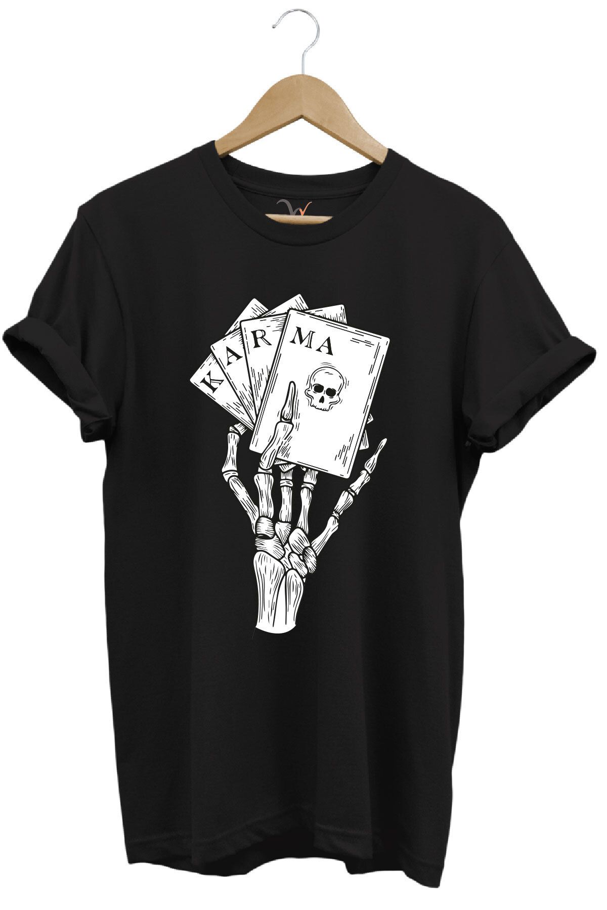 onsrawear Gotik Karma İskelet El Poker Kartları Baskılı Unisex %100 Pamuk Basic Bisiklet Yaka T-shirt