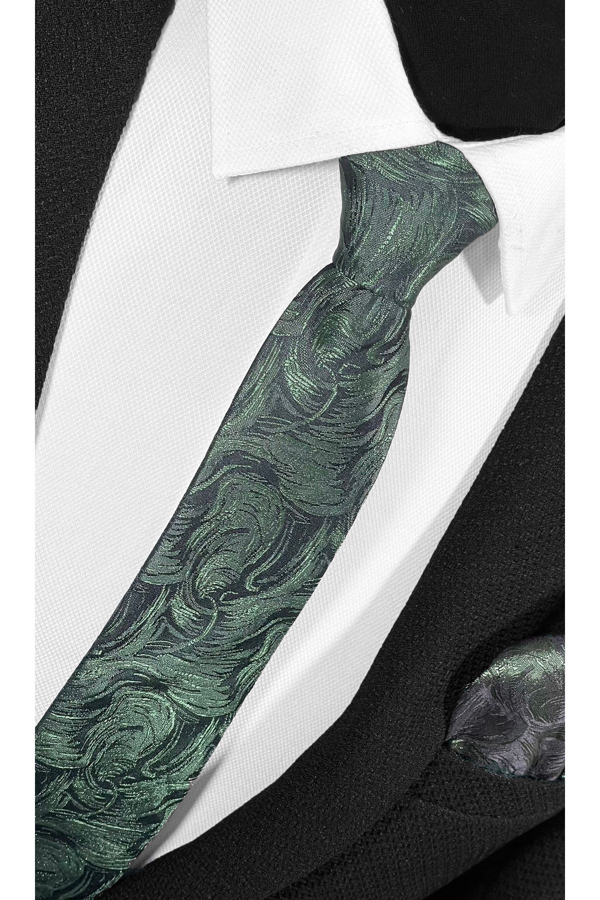 BLC Basic Line Co.-Elegant Black Background with Green Paisley Microfiber Tie and Pocket Square Set – 7 cm 4