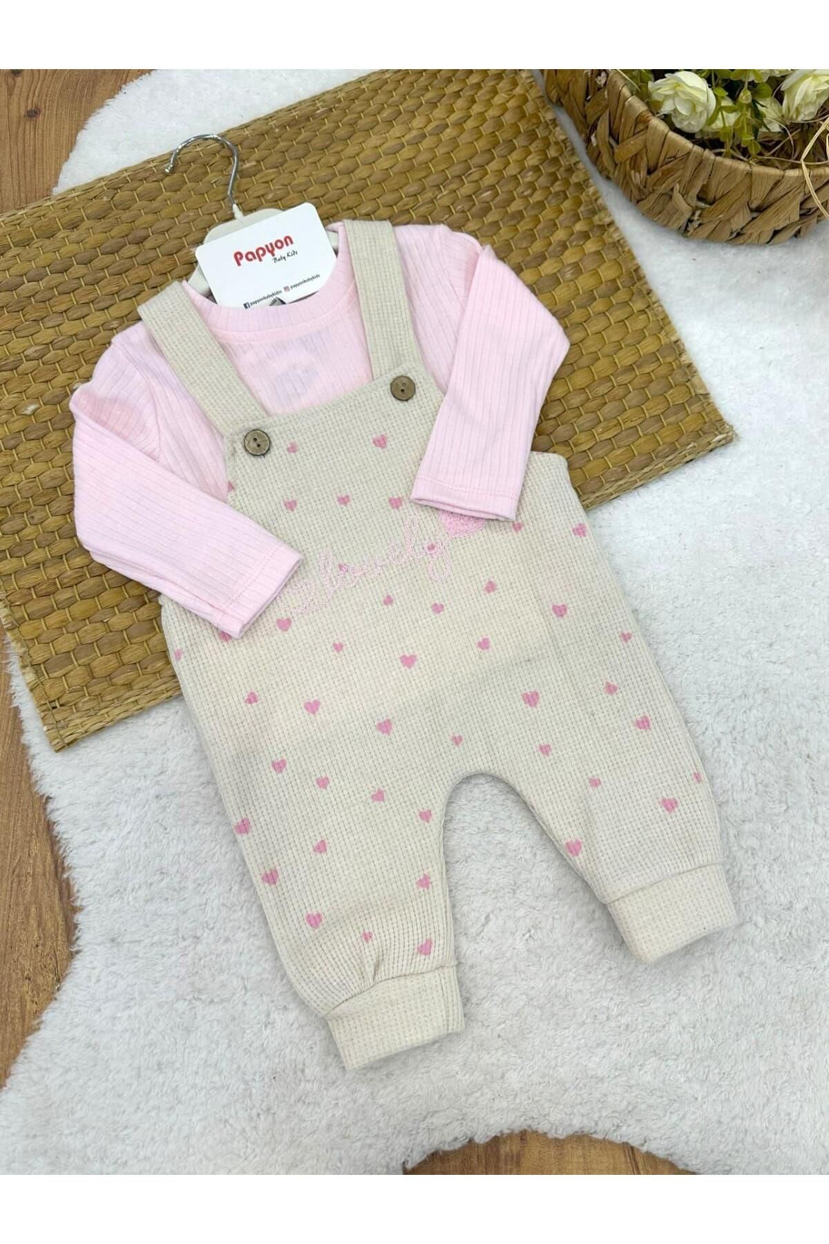 Papyon Baby Kids Fitilli Badili Lovely Süzene Kalp Nakışlı Kız Bebek Waffle Salopet Takım (6-9/9-12/12-18/18-24 Ay)