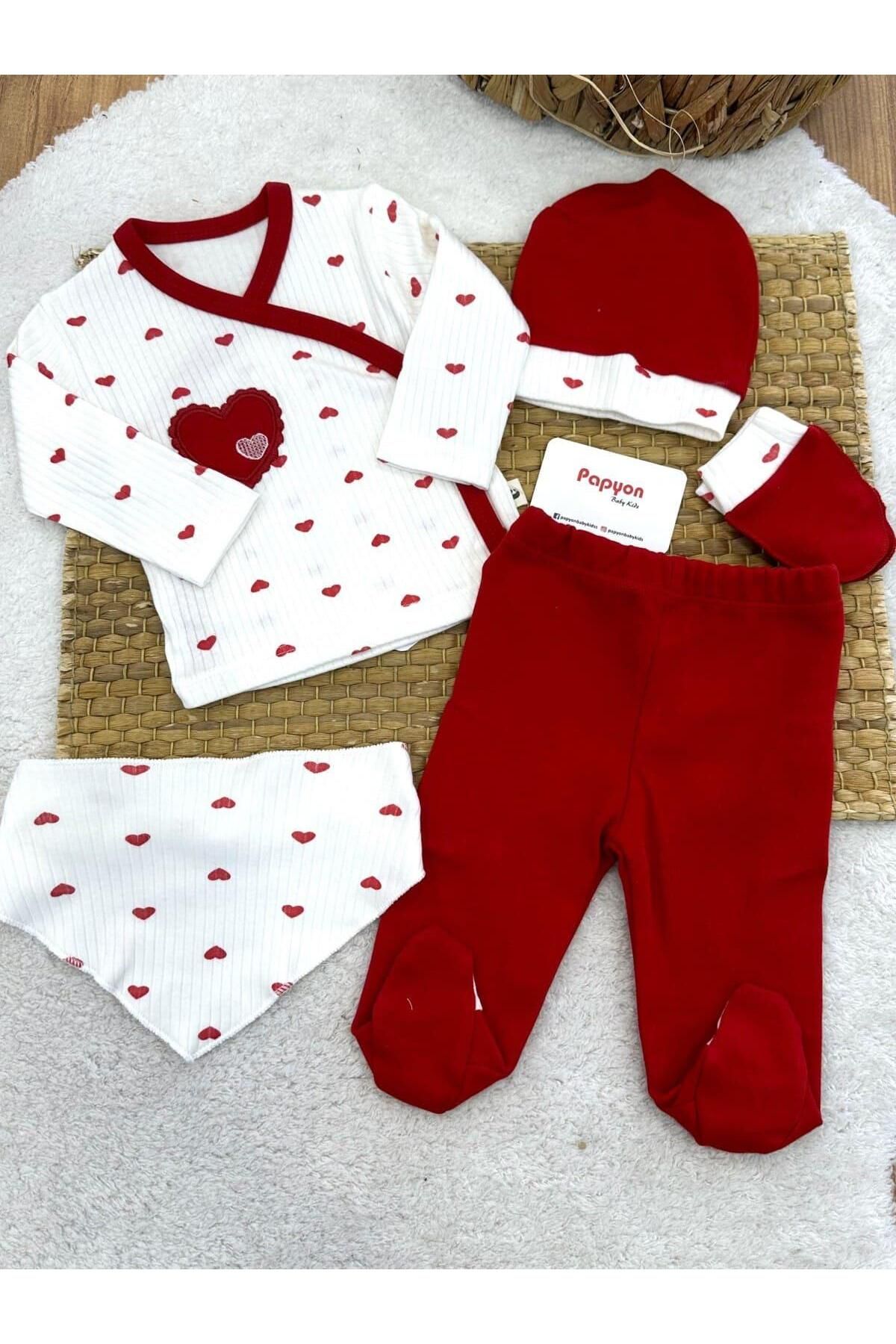Papyon Baby Kids Kalp Desenli Nakışlı Fitilli Yenidoğan Kız Bebek 5li Zıbın Set
