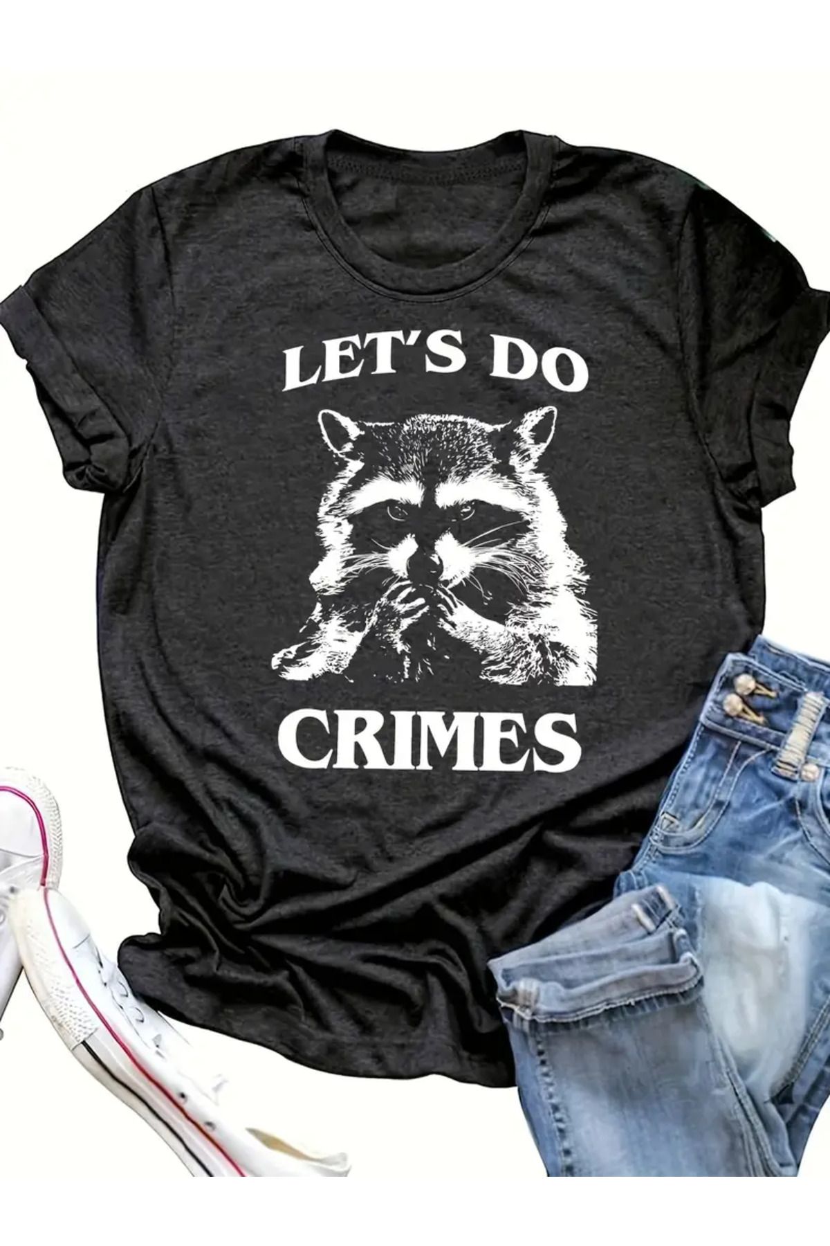 LUNAVISTA Racoon Baskılı Bisiklet Yaka Kısa Kol T-shirt