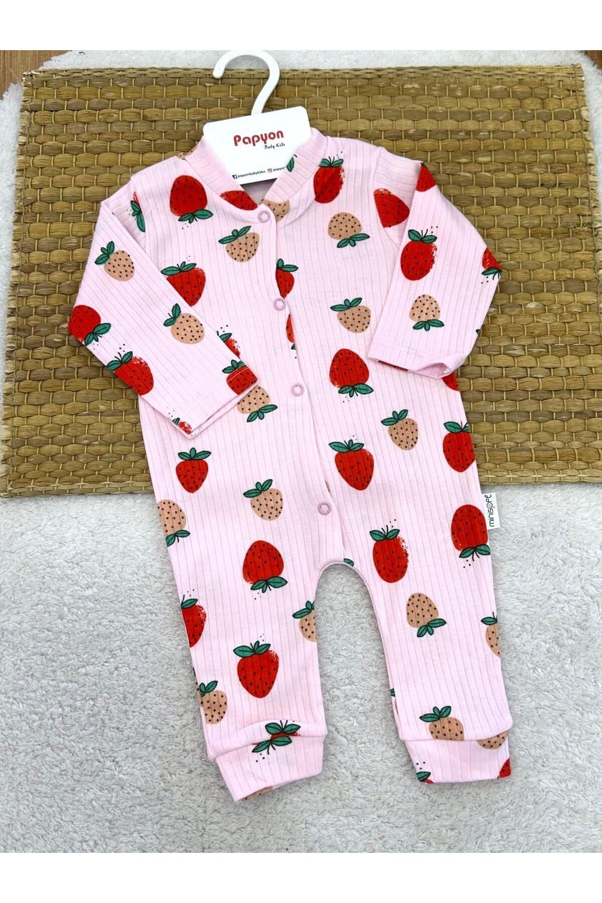 Papyon Baby Kids Pembe Çilek Desenli Fitilli Kız Bebek Patikli Tulum (0-3/3-6/6-9 Ay)