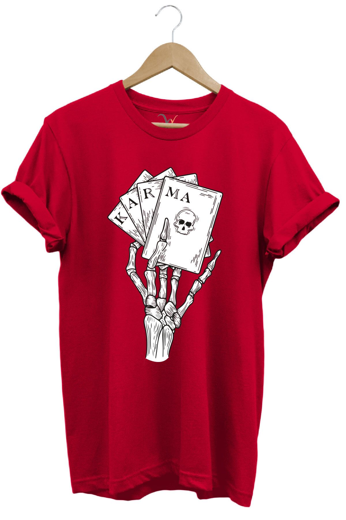 onsrawear Gotik Karma İskelet El Poker Kartları Baskılı Unisex %100 Pamuk Basic Bisiklet Yaka T-shirt