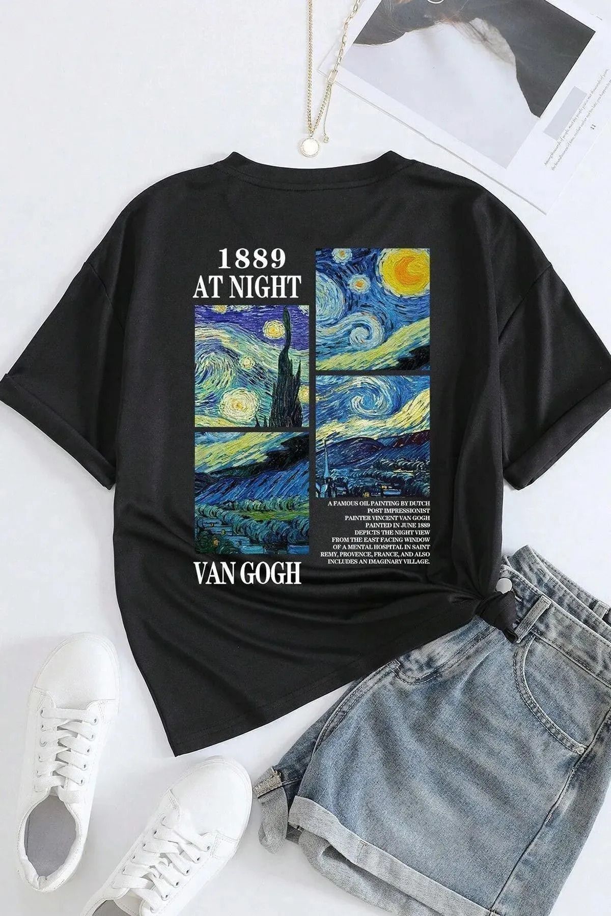 İnazuma Outdoors Unisex Oversize Baskılı Pamuklu Bisiklet Yaka Kısa Kollu SİYAH T-shirt Van Gogh