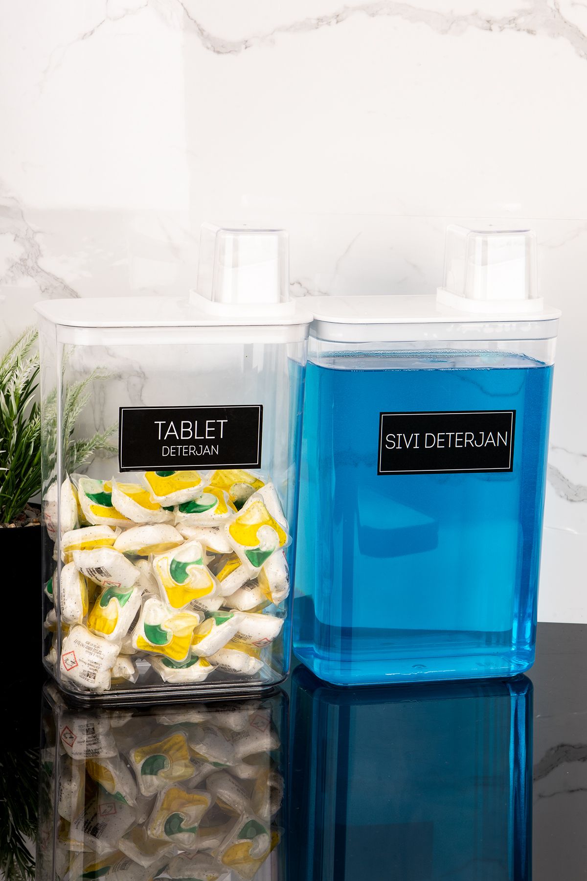 Dolkin Home 2'li Kendinden Ölçekli Deterjanlık Kutusu Seti Sıvı Deterjan Tablet Deterjan Etiketli 3000ml Mika