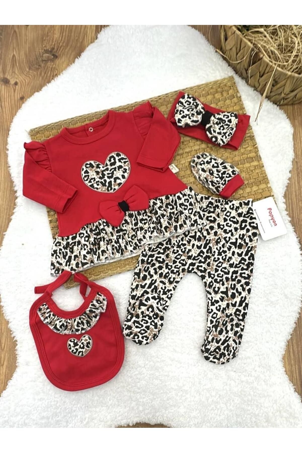 Papyon Baby Kids Kalpli Leopar Yenidoğan Kız Bebek 5li Zıbın Set Hastane Çıkışı