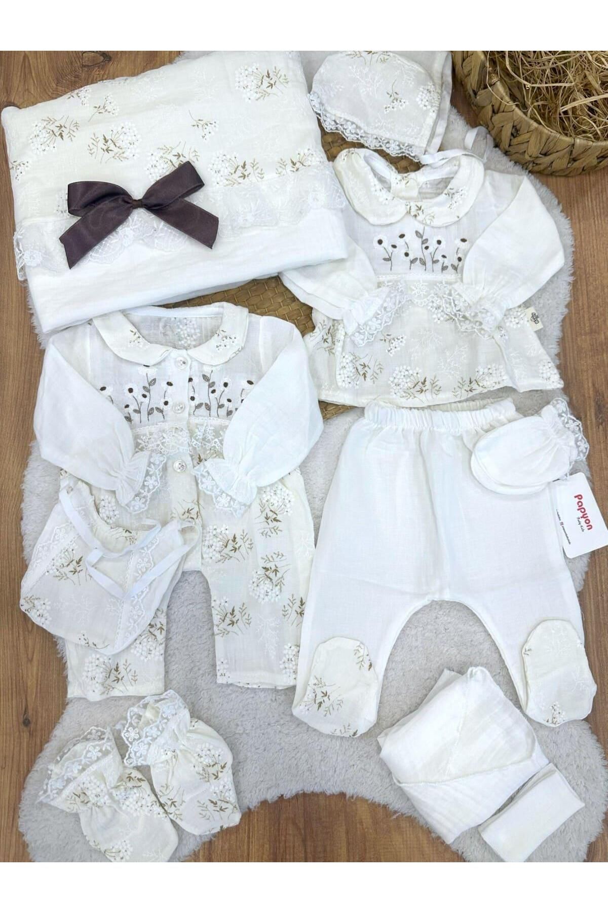 Papyon Baby Kids Çiçek Nakışlı Dantelli Tulumlu Yenidoğan Kız Bebek Müslin 10lu Zıbın Set Hastane Çıkışı