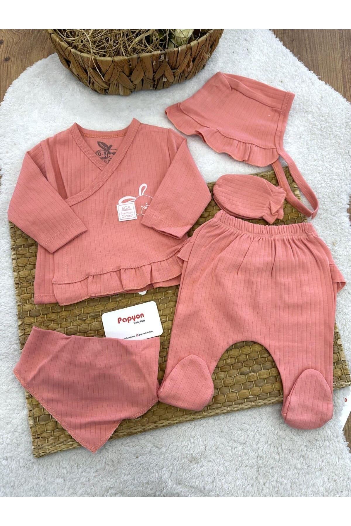 Papyon Baby Kids Tavşan Baskılı Fitilli Yenidoğan Kız Bebek 5li Zıbın Set