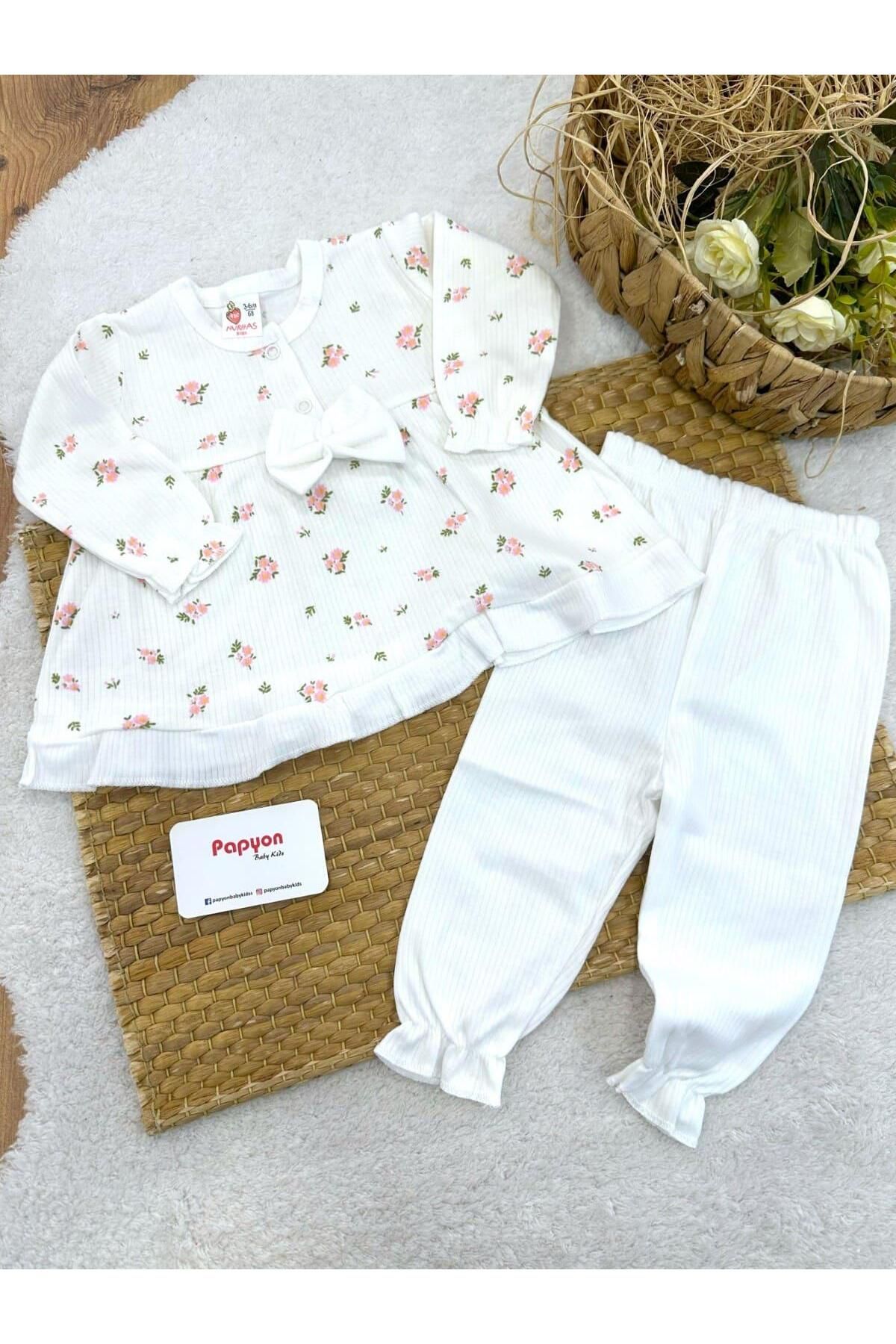 Papyon Baby Kids Çiçek Desenli Fitilli Önden Yarım Patlı Fiyonklu Kız Bebek Takım (0-3/3-6 Ay)