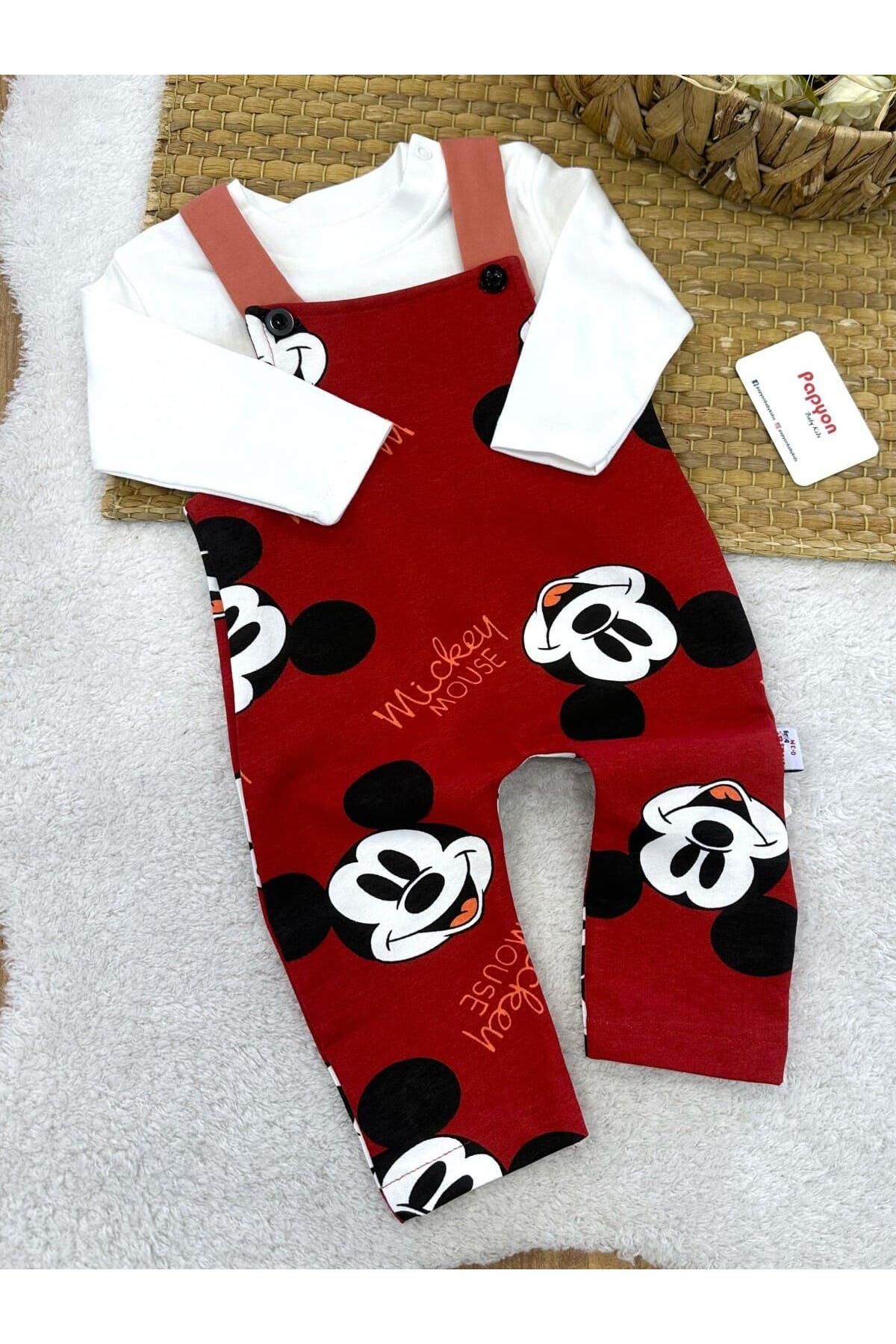 Papyon Baby Kids Düz Badili Mickey Mouse Baskılı Penye Salopet Erkek Bebek 2li Takım (0-3/3-6/6-9/9-12 Ay)