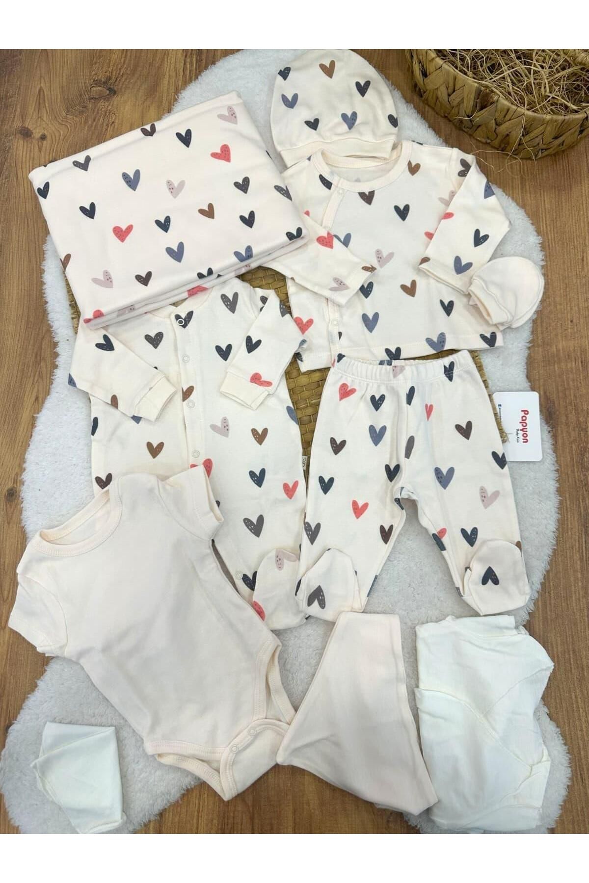 Papyon Baby Kids Kalp Desenli Yenidoğan Kız Bebek 10lu Zıbın Set Hastane Çıkışı
