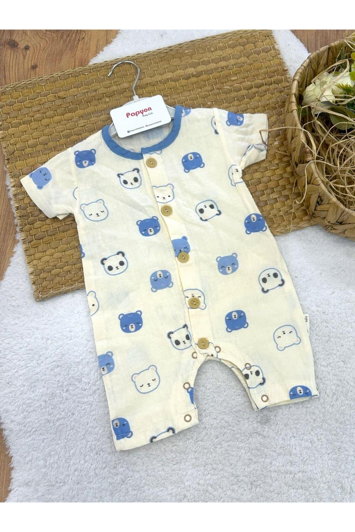 Papyon Baby Kids Ayıcık Desenli Erkek Bebek Yazlık Müslin Tulum (3-6/6-9/9-12/12-18 Ay)