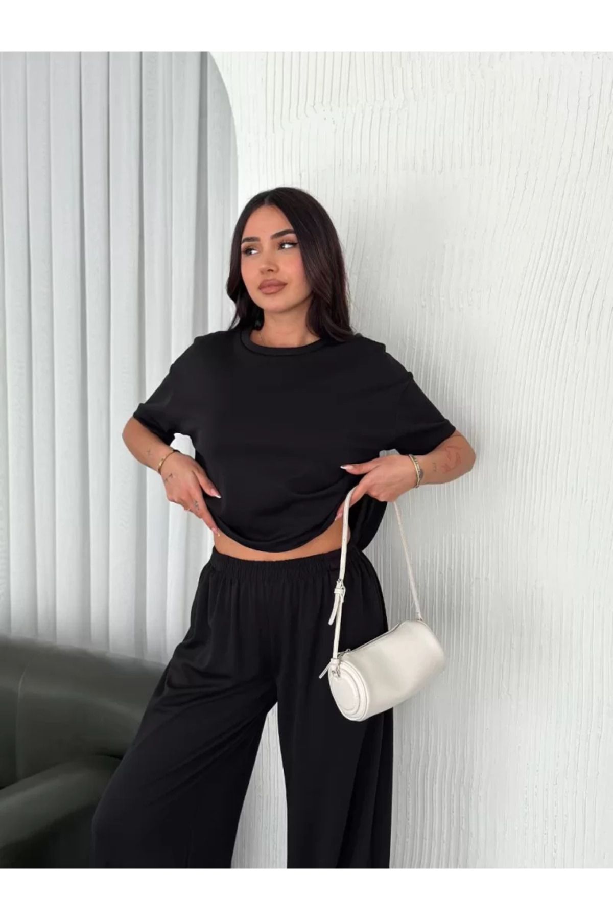 BBbutik Osy Modal Yumuşak Dokulu Kumaş Bisiklet Yaka T-shirt Bol paça Pantalon ikili Takım