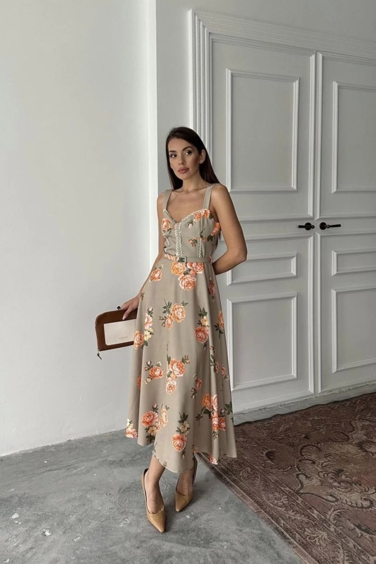 Butik Haki İnce Kemer Detaylı Elbise