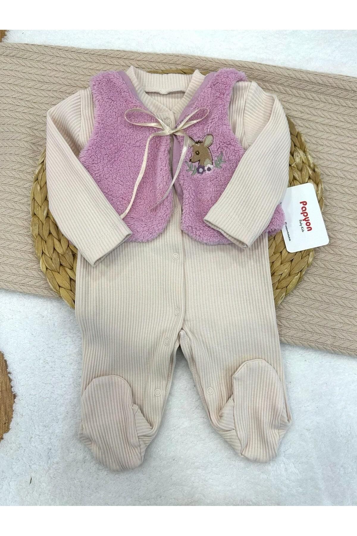 Papyon Baby Kids Geyik Nakışlı Peluş Yelekli Raporlu Kız Bebek Tulum 0-3/3-6 Ay