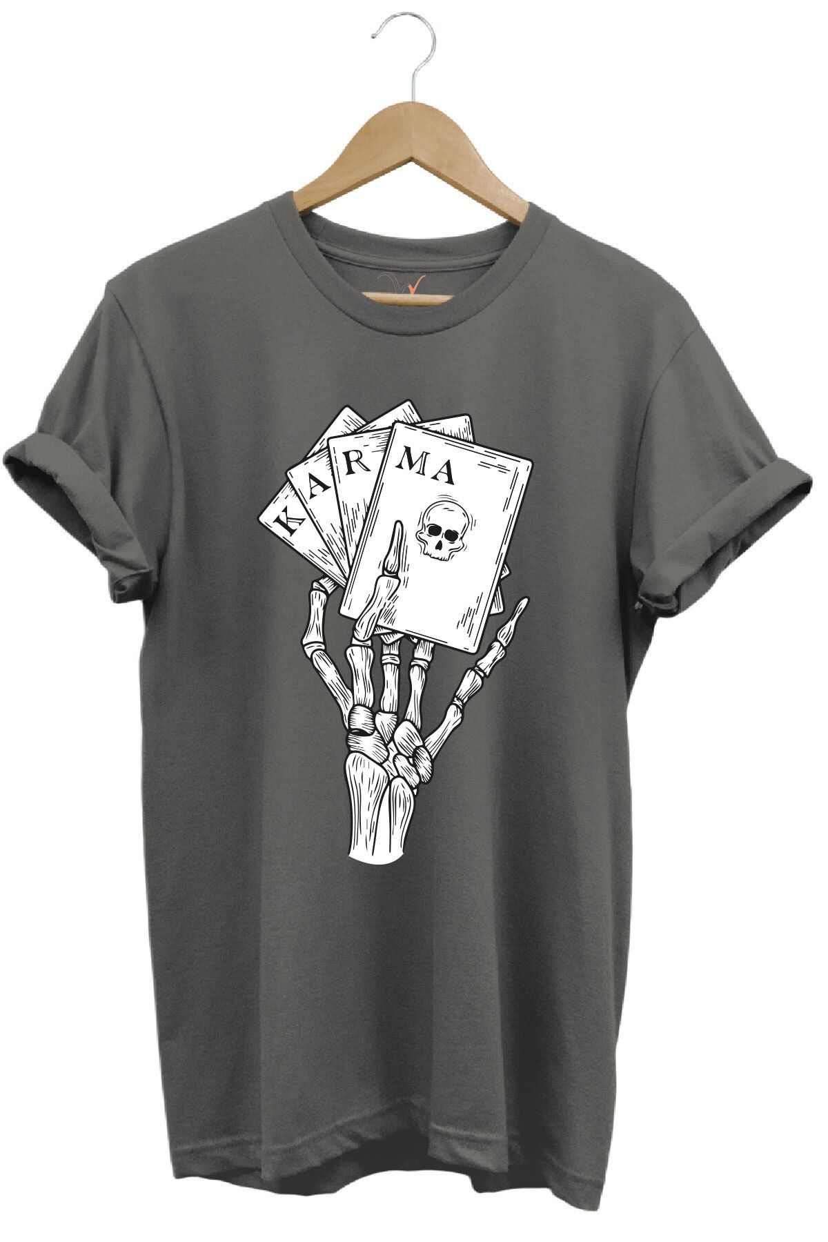 onsrawear Gotik Karma İskelet El Poker Kartları Baskılı Unisex %100 Pamuk Basic Bisiklet Yaka T-shirt