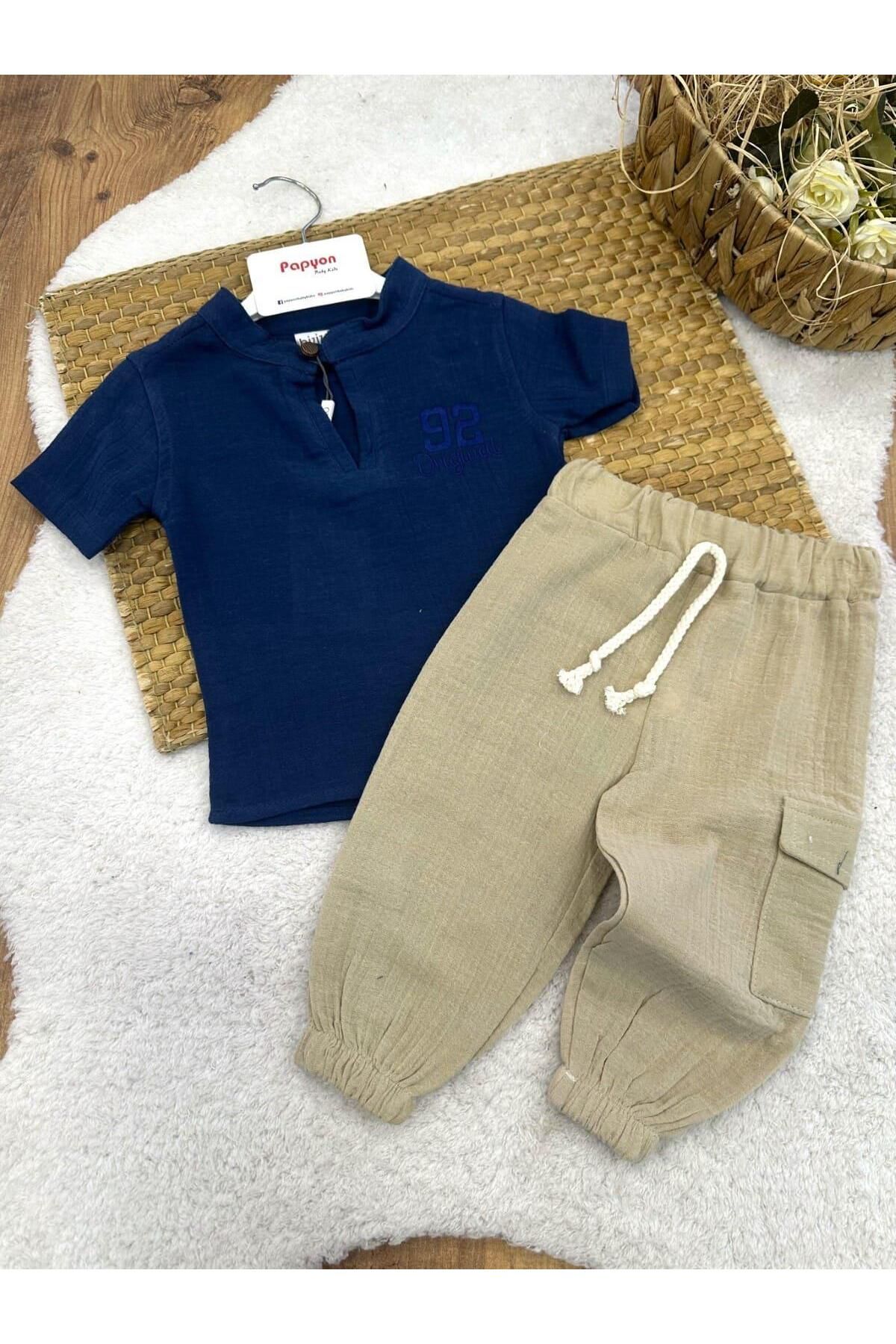 Papyon Baby Kids 92 Original Nakışlı Gömlek Pantolon Erkek Bebek Müslin Takım (6-9/9-12/12-18/18-24 Ay)