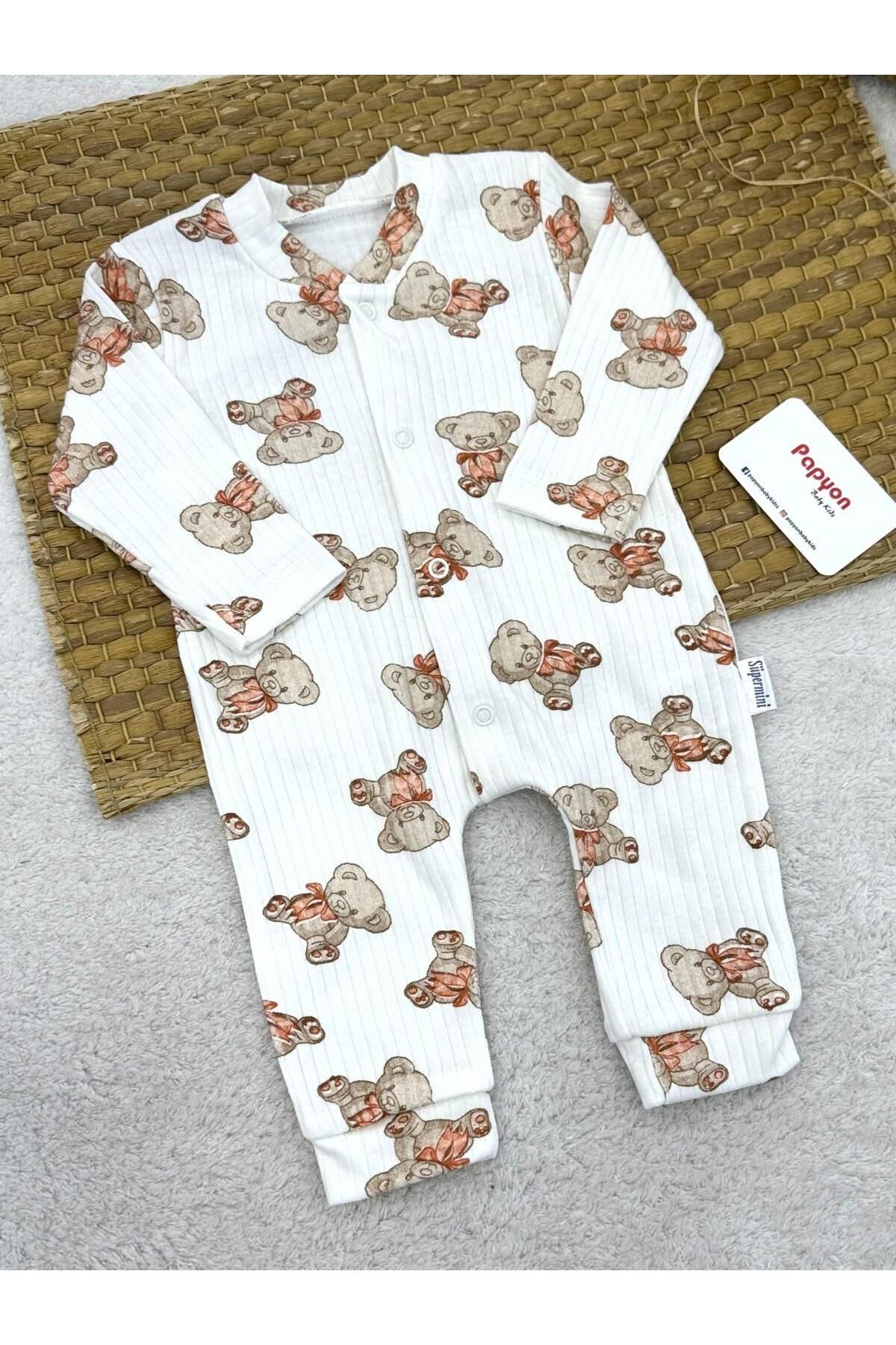 Papyon Baby Kids Ayıcık Baskılı Fitilli Uniseks Bebek Tulum (0-3/3-6/6-9 Ay)