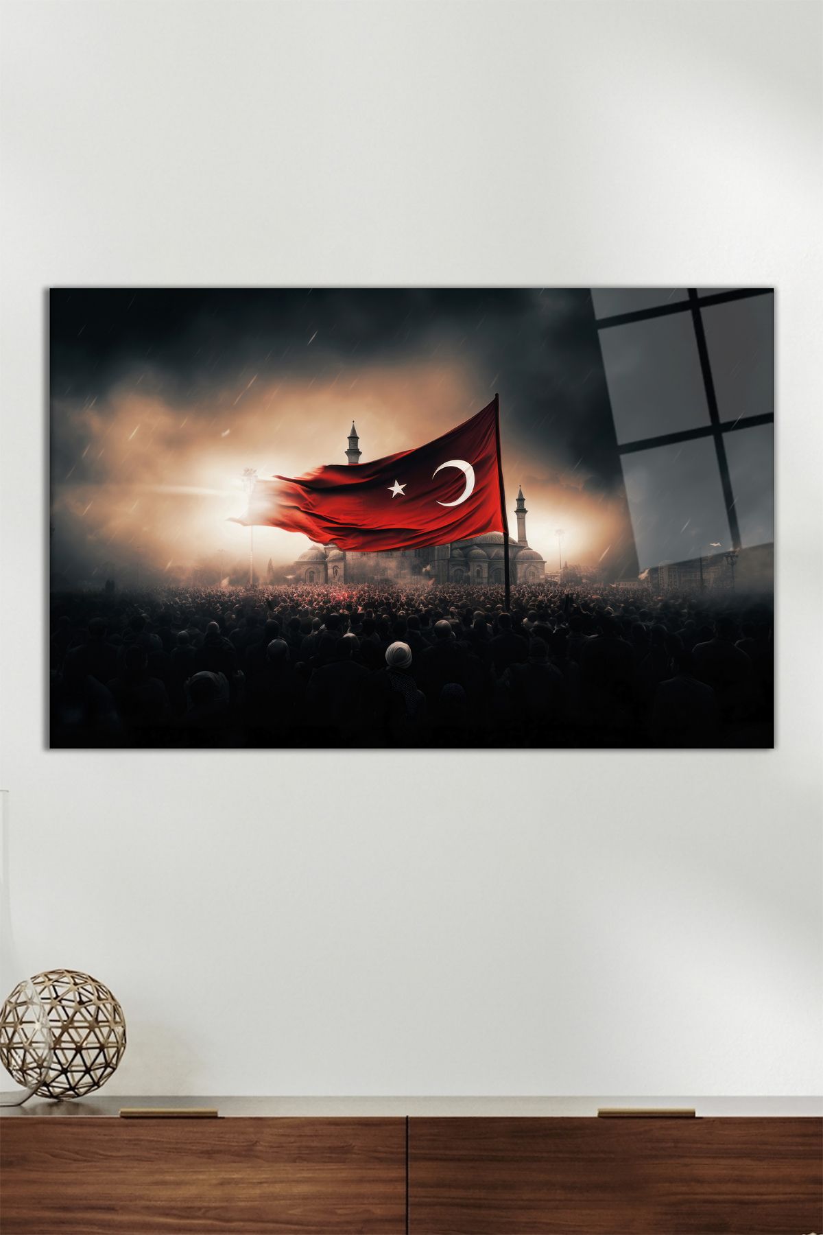 Vosevu Türk Bayrağı ve Savaş Zaferi Yatay Cam Tablo, Modern Ev Ofis Dekoru, Hediyelik Duvar Dekorasyonu