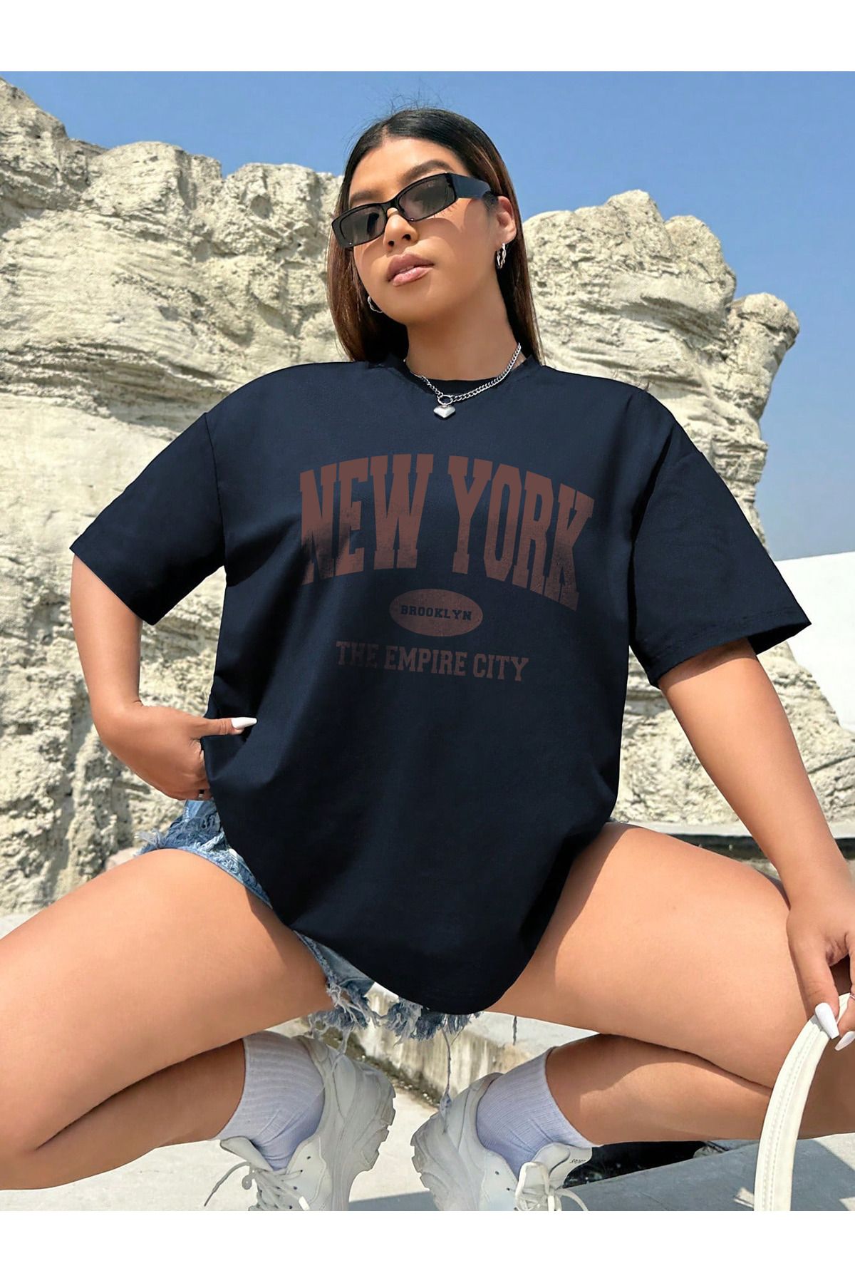 uyguntarz Pamuklu New York Baskılı Oversize T-shirt