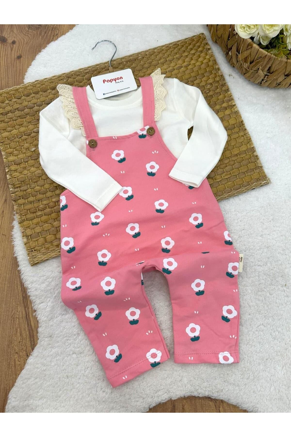 Papyon Baby Kids Papatya Baskılı Dantelli Kız Bebek Badili Salopet Takım (6-9/9-12/12-18/18-24 Ay)