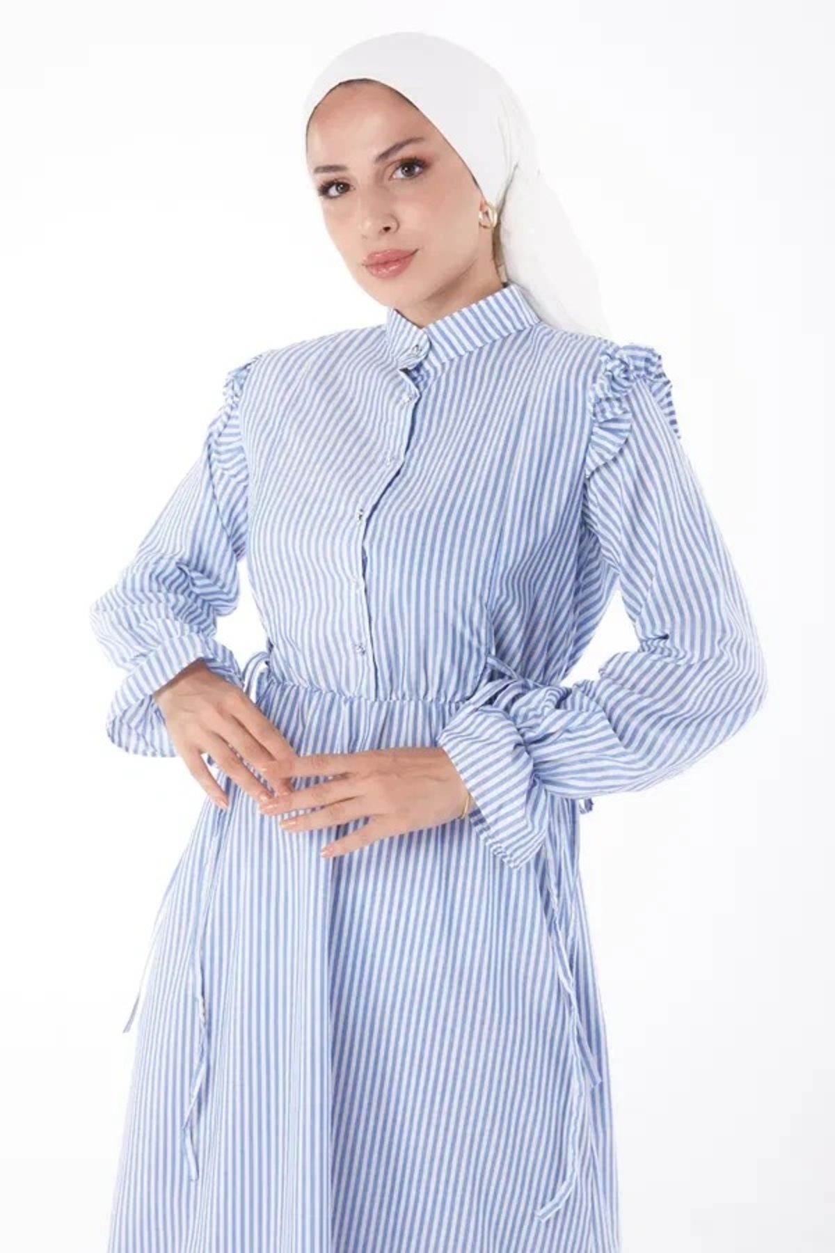 Aşkın fashion mavi çizgili gofre bağcıklı elbise