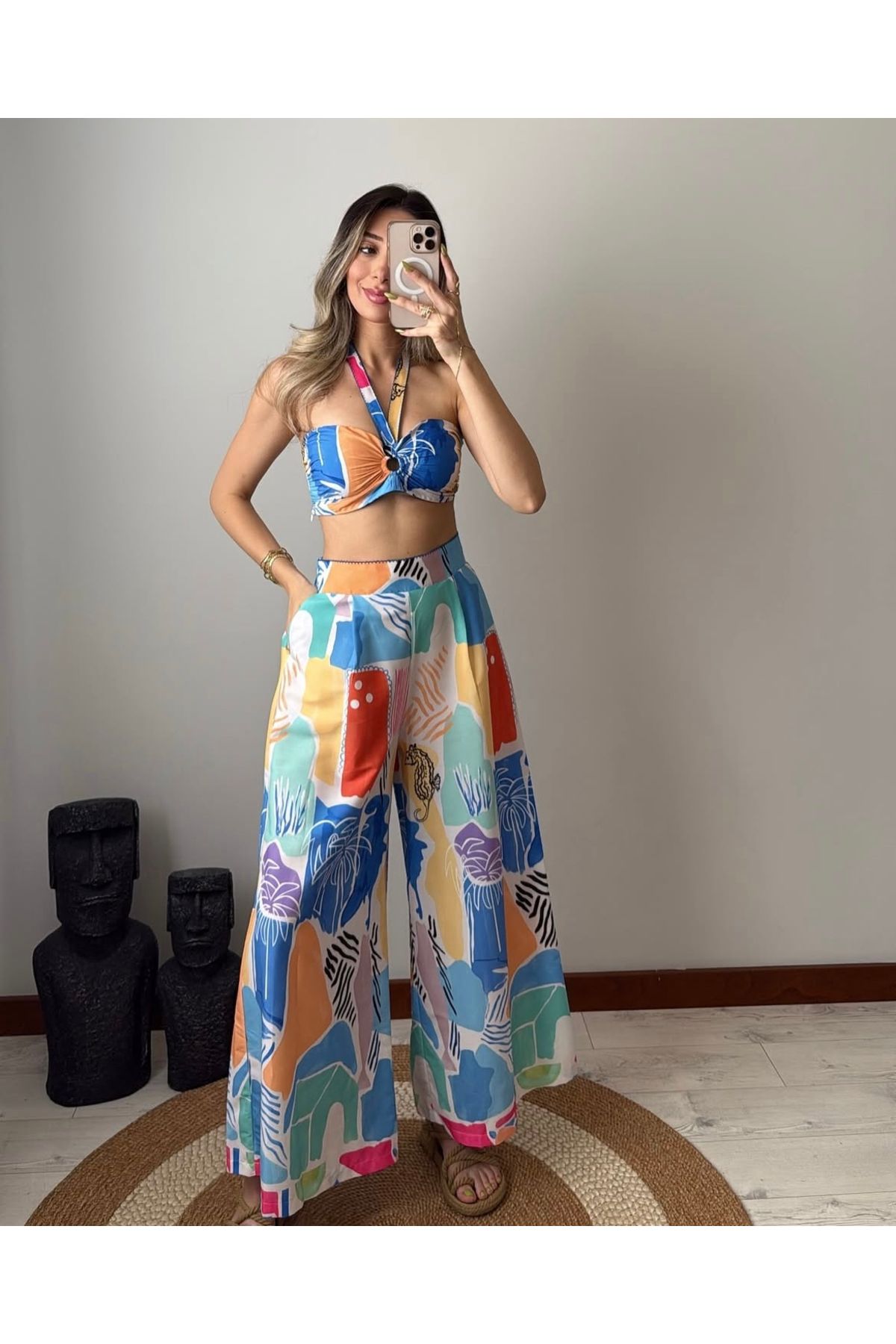Quzu Çok Renk Desenli Crop Pantolon Tasarım Takım