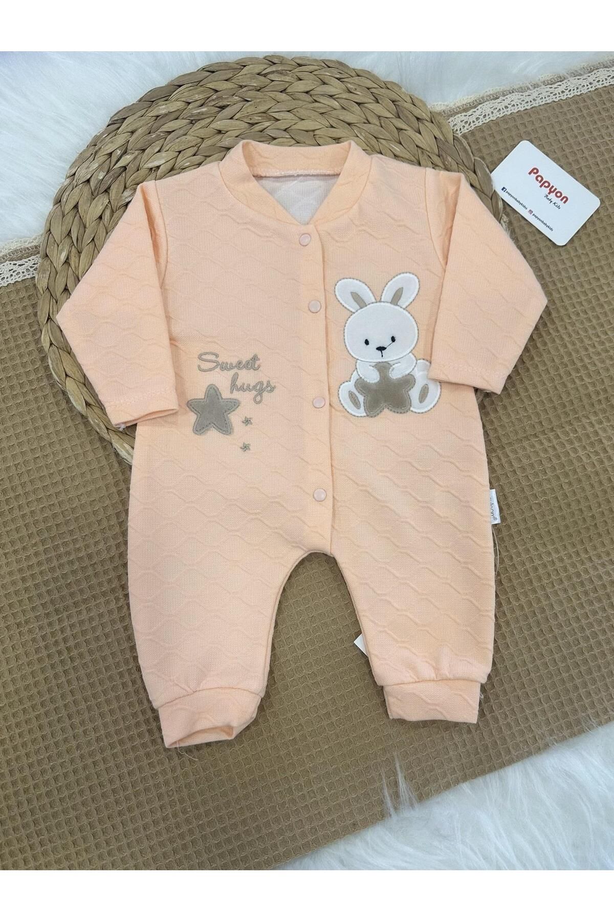 Papyon Baby Kids Jakarlı Ayıcık Nakışlı Kız Bebek Manşetli Tulum 0-1/1-3/3-6 Ay