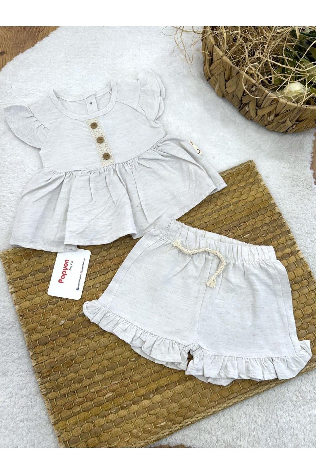 Papyon Baby Kids Fırfırlı Dantelli Bluz Şort Kız Bebek Dokuma Takım (6-9/9-12/12-18/18-24 Ay)