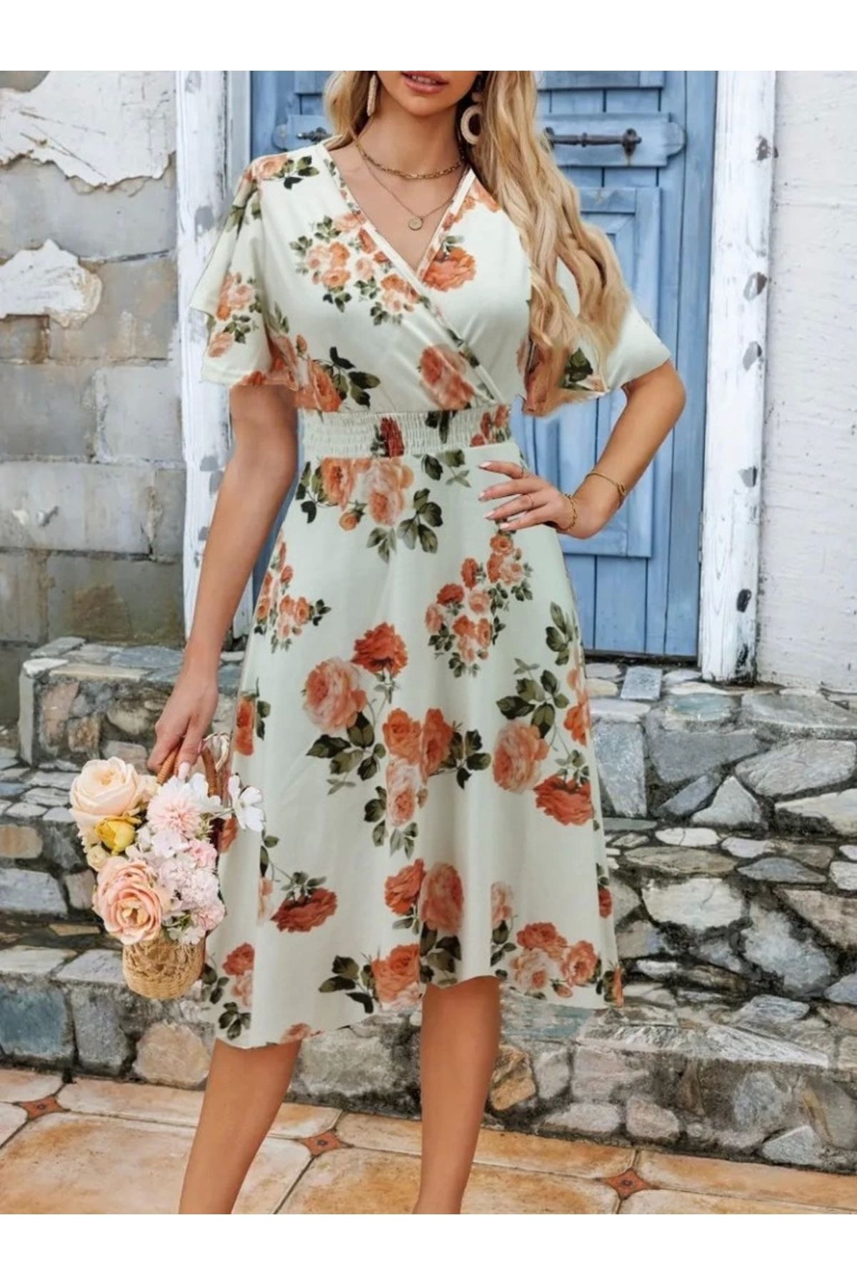 Butik Kadın Kısa Kollu Kruvaze Yakalı Desenli Süprem Kısa Elbise