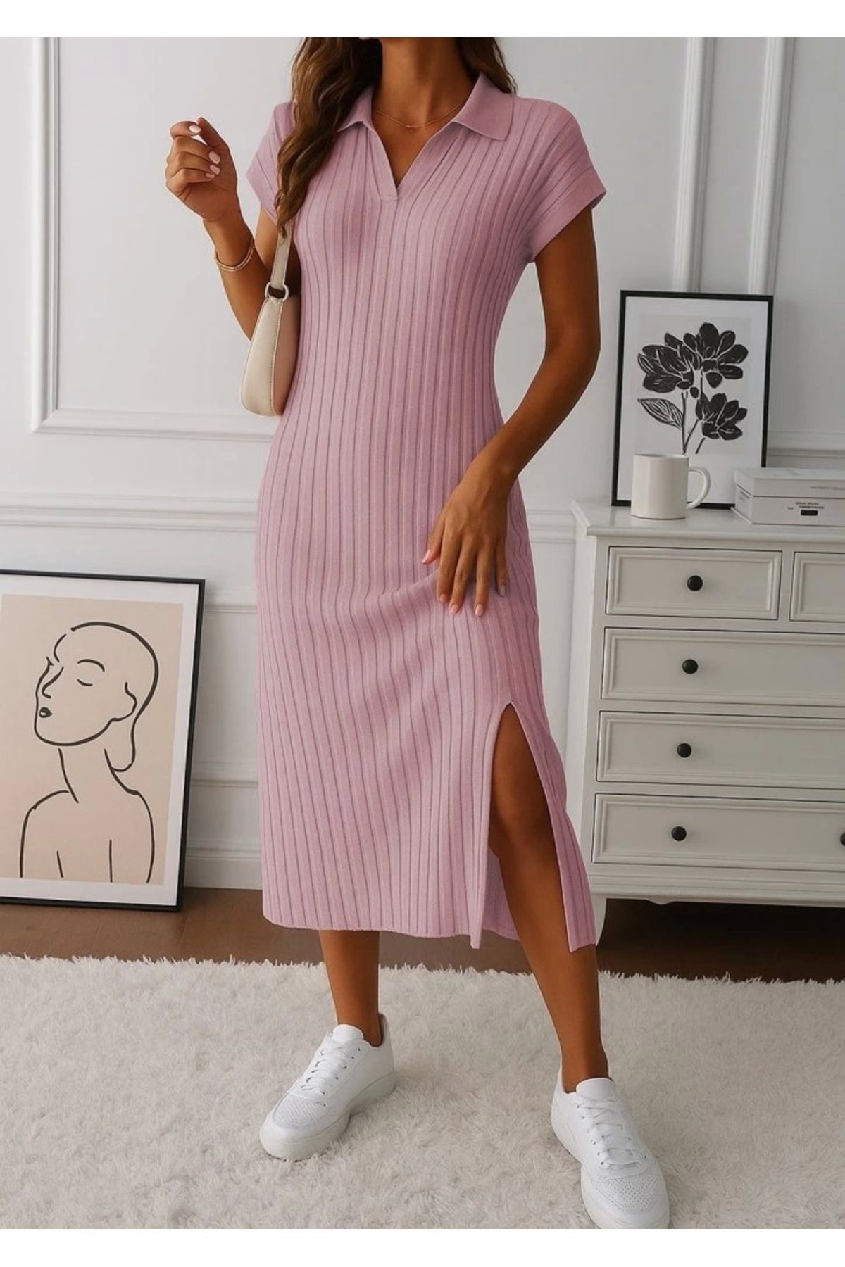 Butik Kadın Kısa Kollu Yakalı Yandan Yırtmaçlı Kalın Fitilli Kaşkorse Elbise