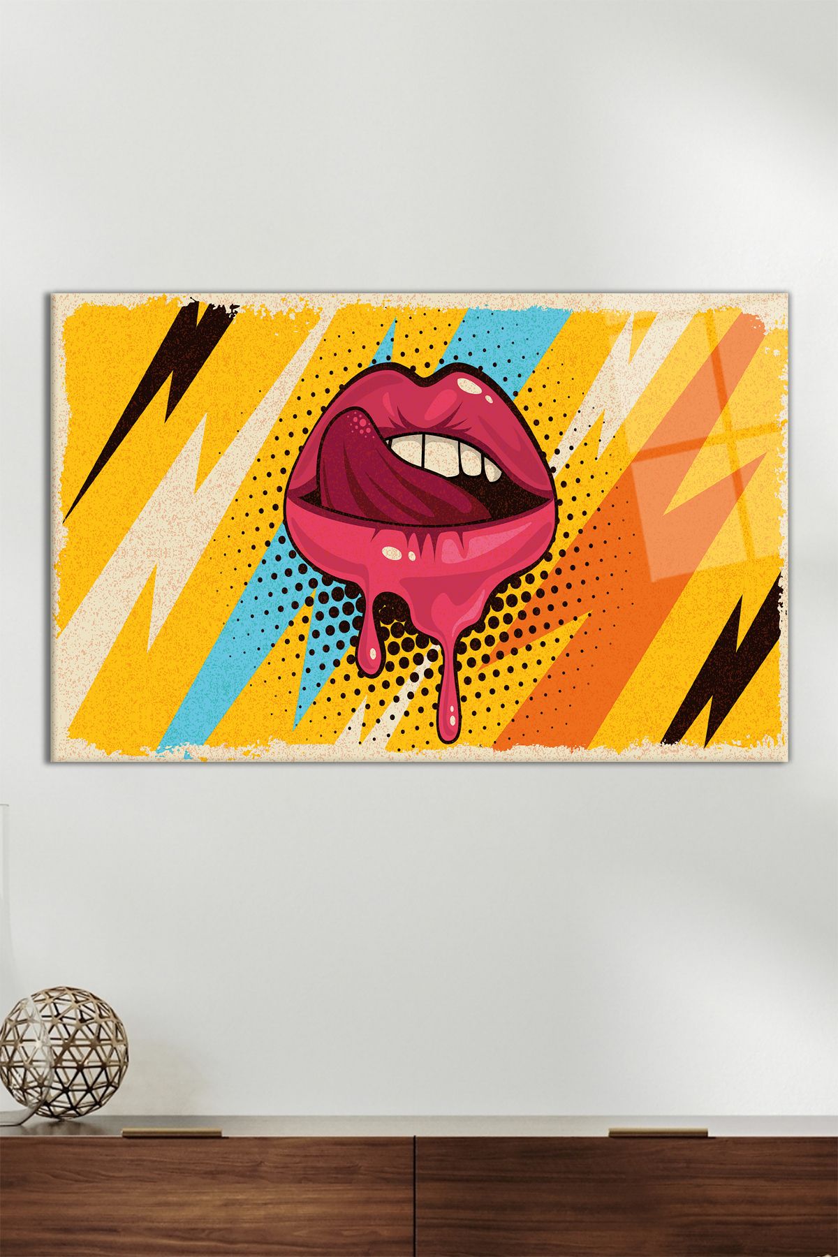 Vosevu Pop Art Retro Kadın Dudağı Yatay Cam Tablo, Modern Ev Ofis Dekoru, Hediyelik Duvar Dekorasyonu