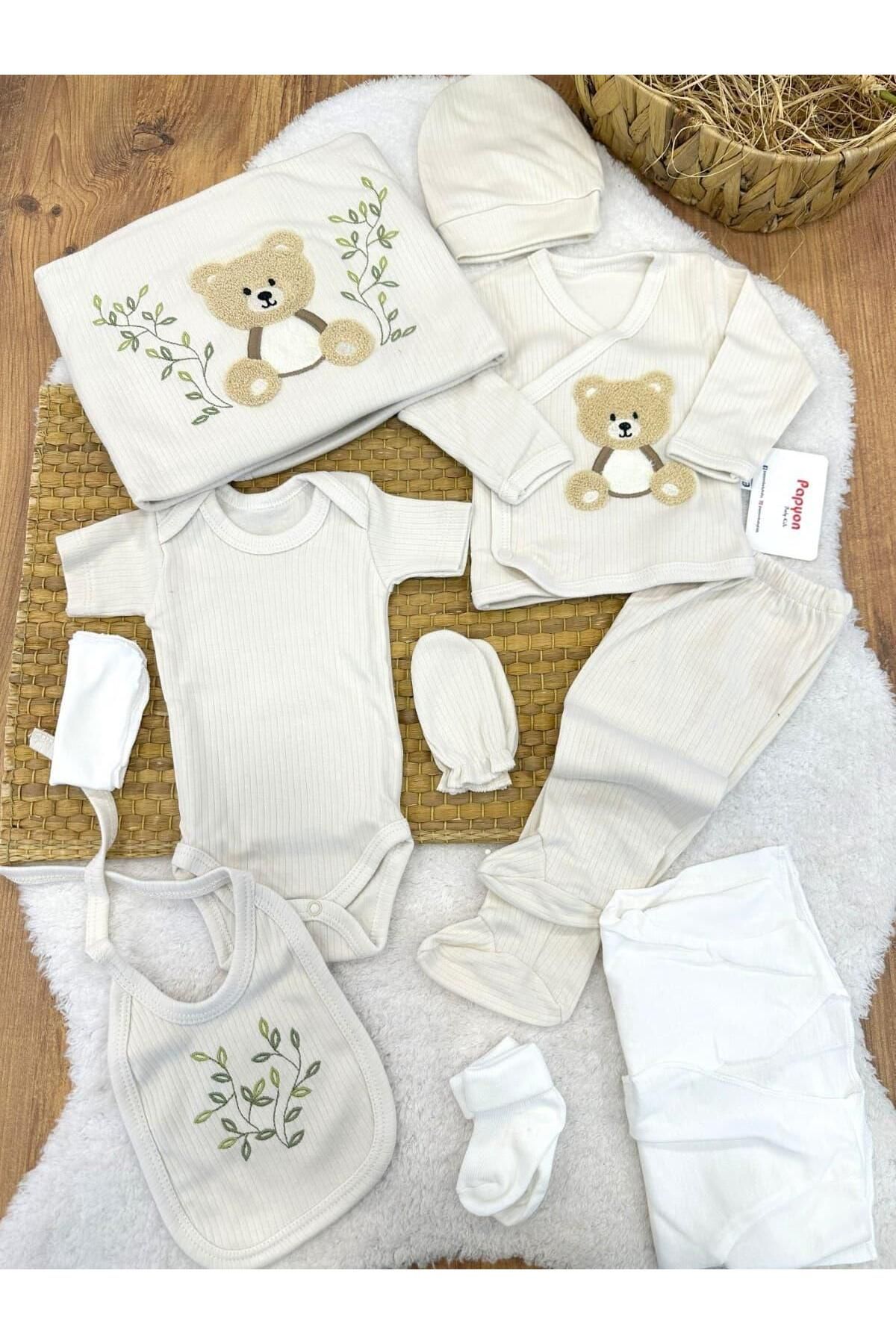 Papyon Baby Kids Süzene Ayı Fitilli Nakışlı Yenidoğan Uniseks Bebek 10lu Zıbın Set Hastane Çıkışı