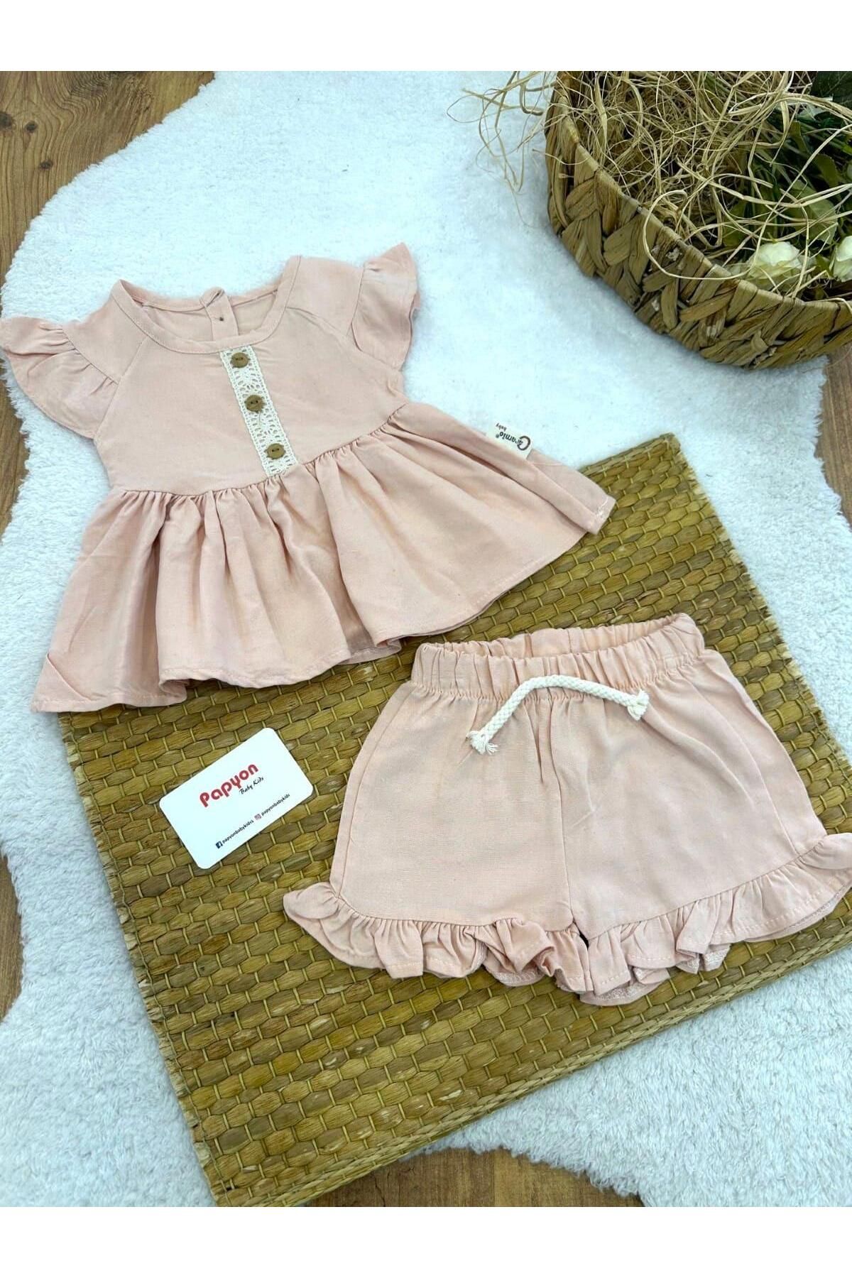 Papyon Baby Kids Fırfırlı Dantelli Bluz Şort Kız Bebek Dokuma Takım (6-9/9-12/12-18/18-24 Ay)