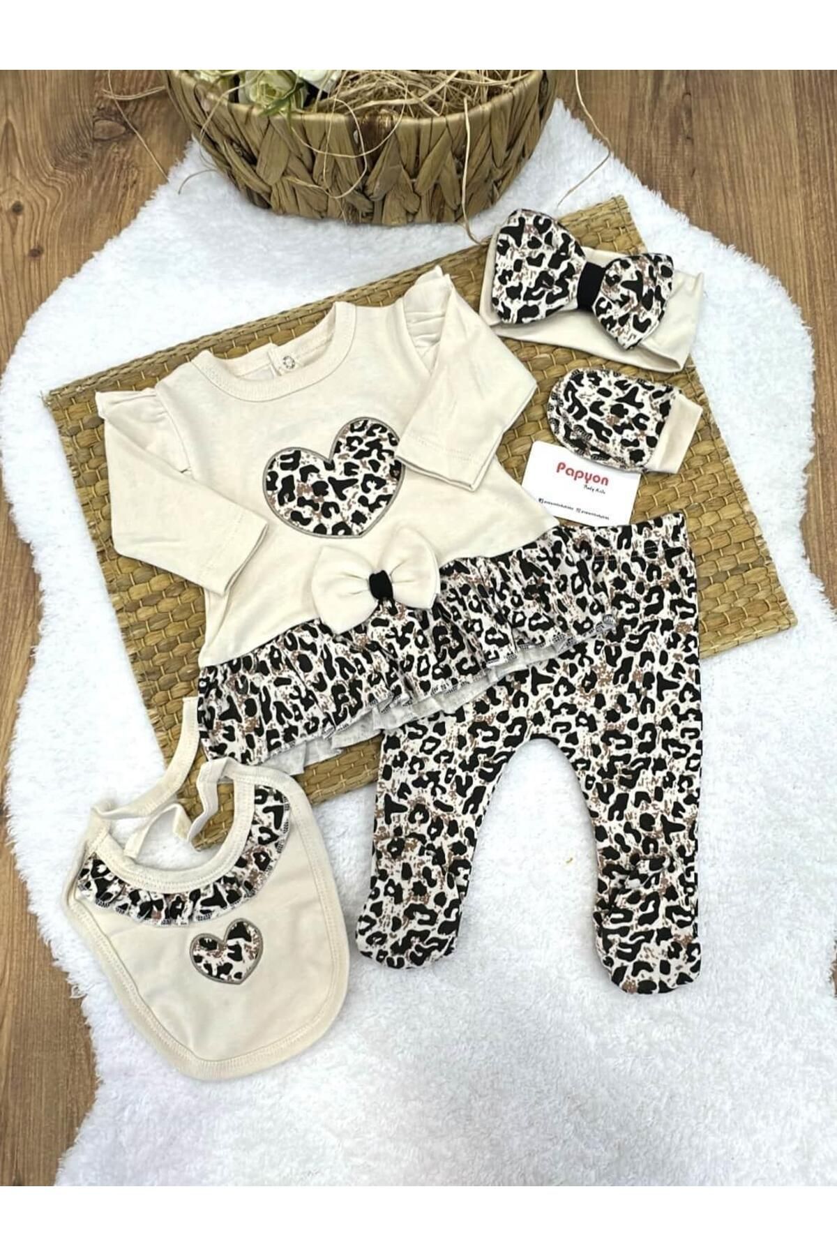 Papyon Baby Kids Kalpli Leopar Yenidoğan Kız Bebek 5li Zıbın Set Hastane Çıkışı