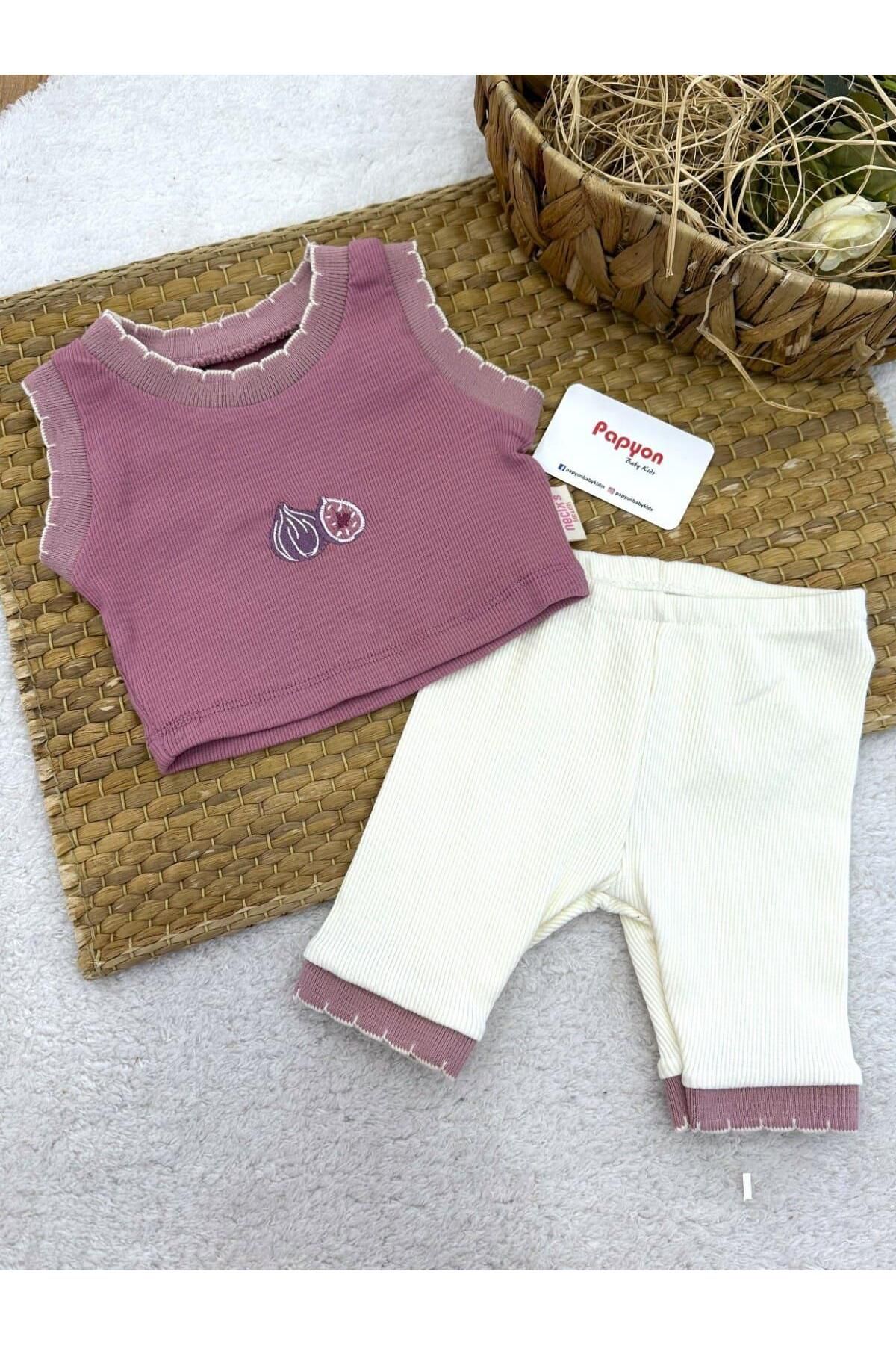 Papyon Baby Kids Meyve Nakışlı Fitilli Askılı Badili Şortlu Kız Bebek Takım (6-9/9-12/12-18/18-24 Ay)