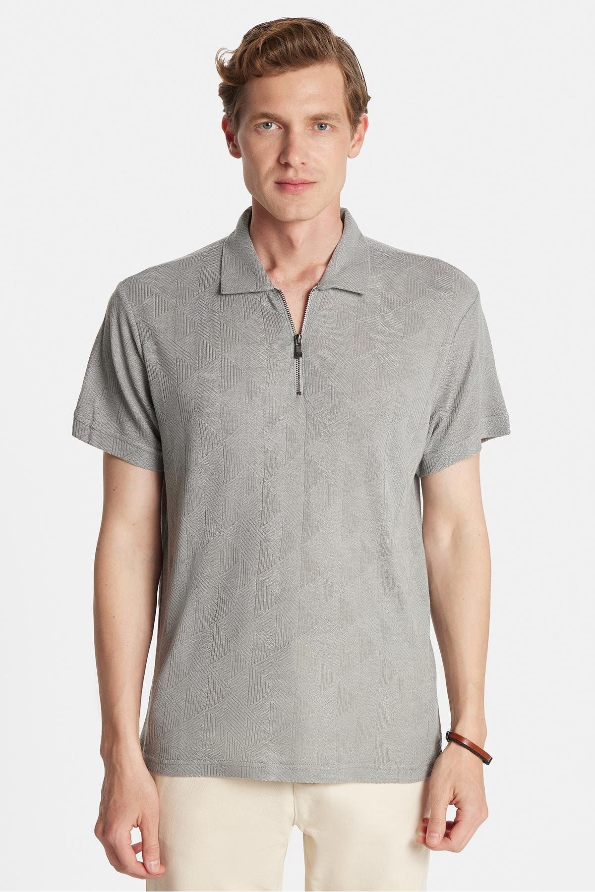 Tudors Erkek Slim Fit Dar Kesim Viskon Fermuarlı Polo Yaka Gri Tişört