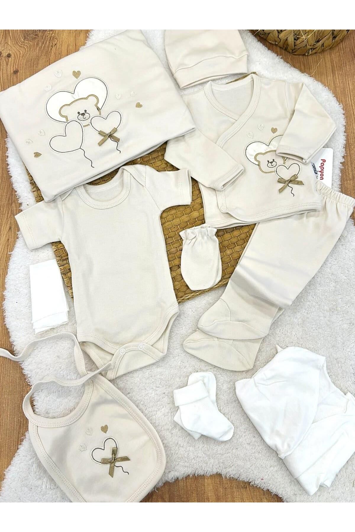 Papyon Baby Kids Kalpli Ayıcık Nakışlı Yenidoğan Uniseks Bebek 10lu Zıbın Set Hastane Çıkışı