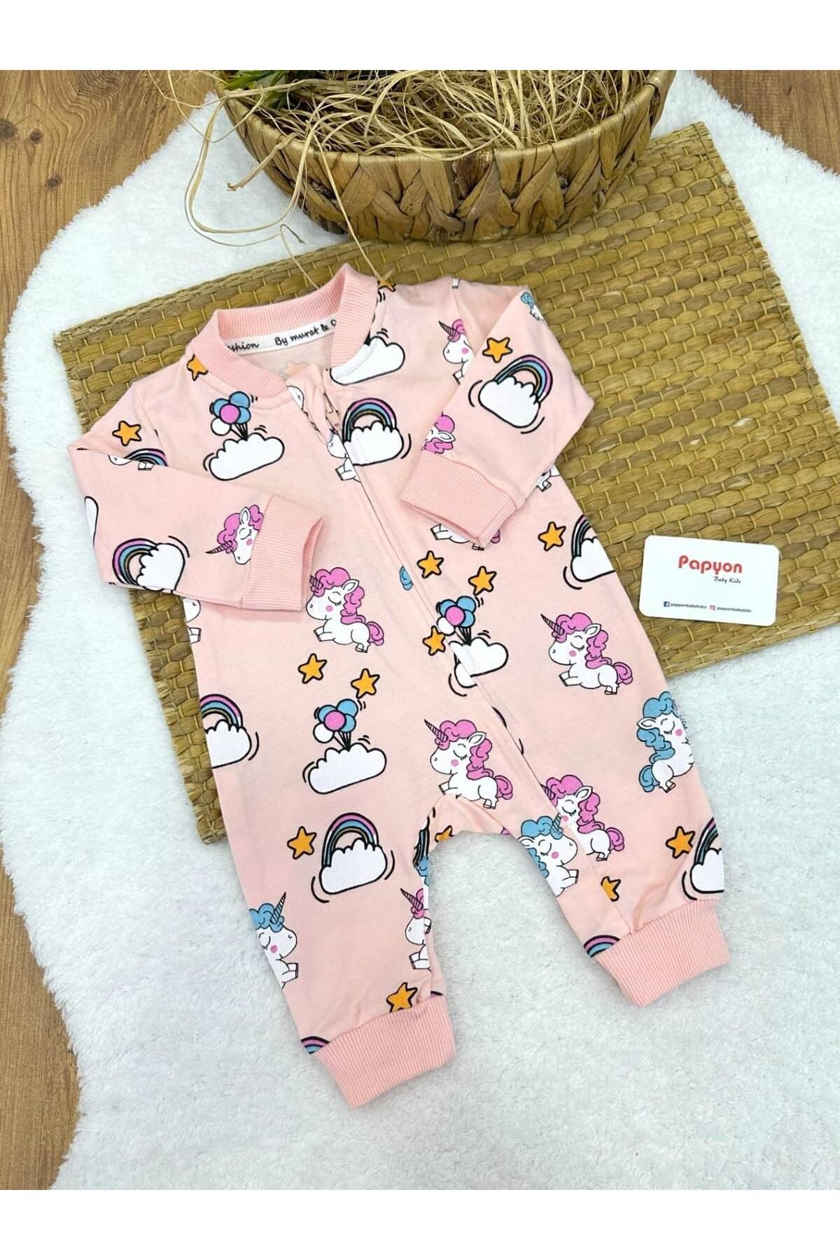 Papyon Baby Kids Unicorn Baskılı Kız Bebek Fermuarlı Tulum 0-3/3-6/6-9/9-12 Ay
