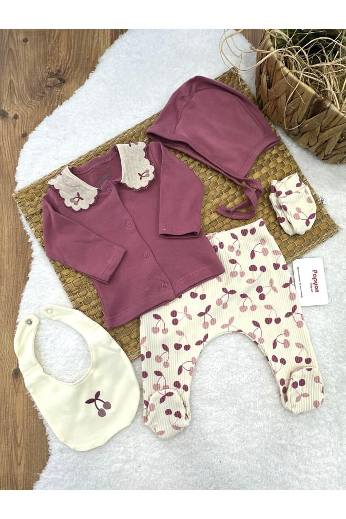 Papyon Baby Kids Kirazlı Yenidoğan Kız Bebek 5li Zıbın Set