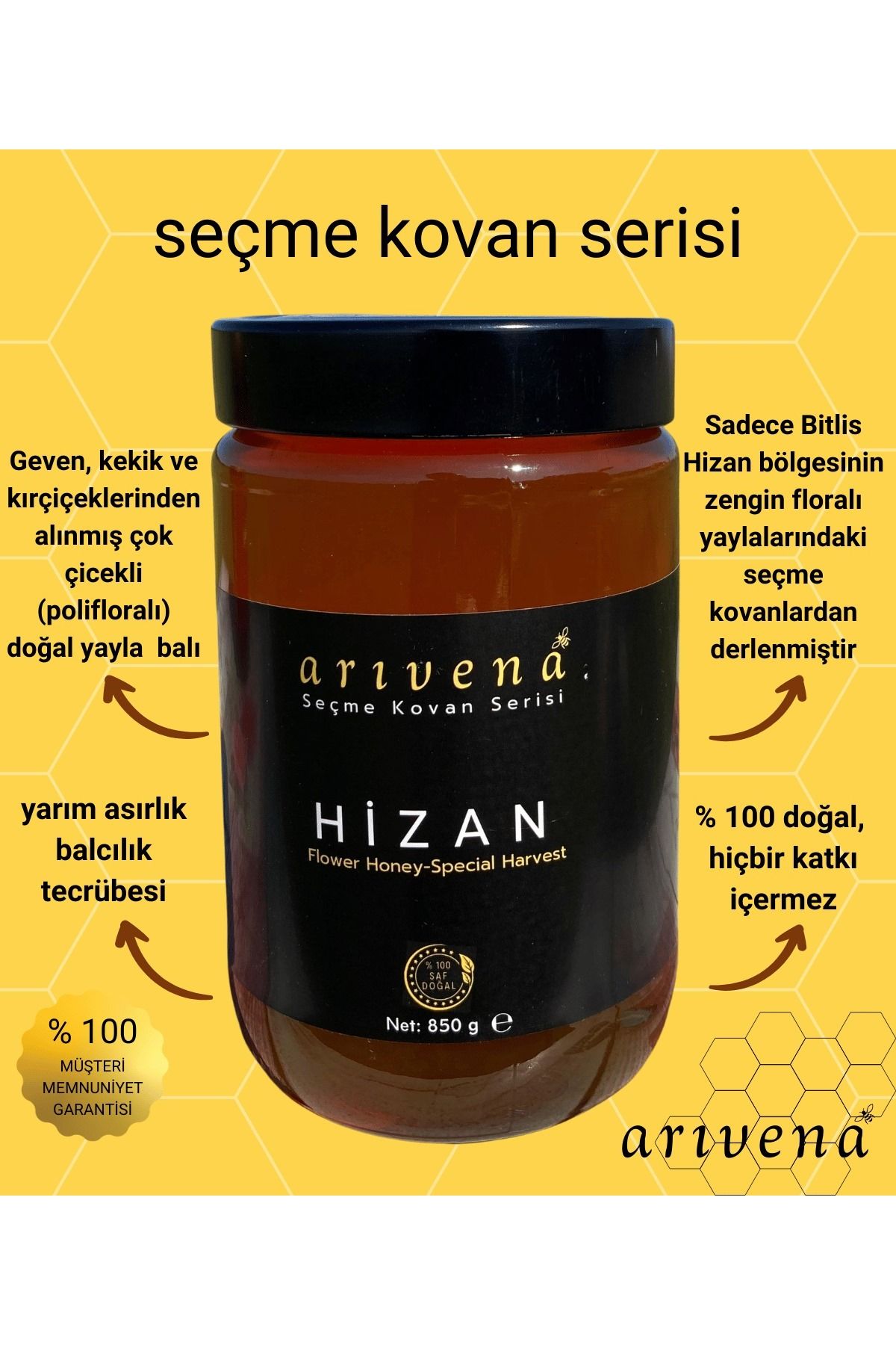 Arıvena Hizan Seçme Kovan Balı %100 Saf ve Doğal 850g
