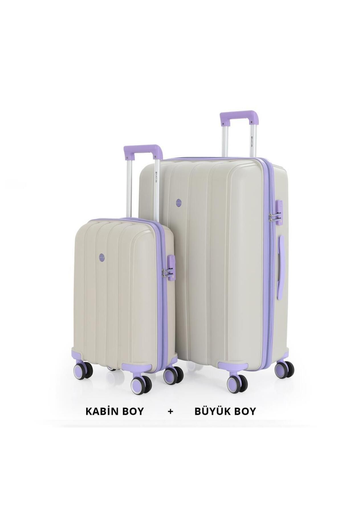 MÇS Bavul Büyük ve Kabin 2li Set Kırılmaz Silikon Valiz V305 Kemik/Lila
