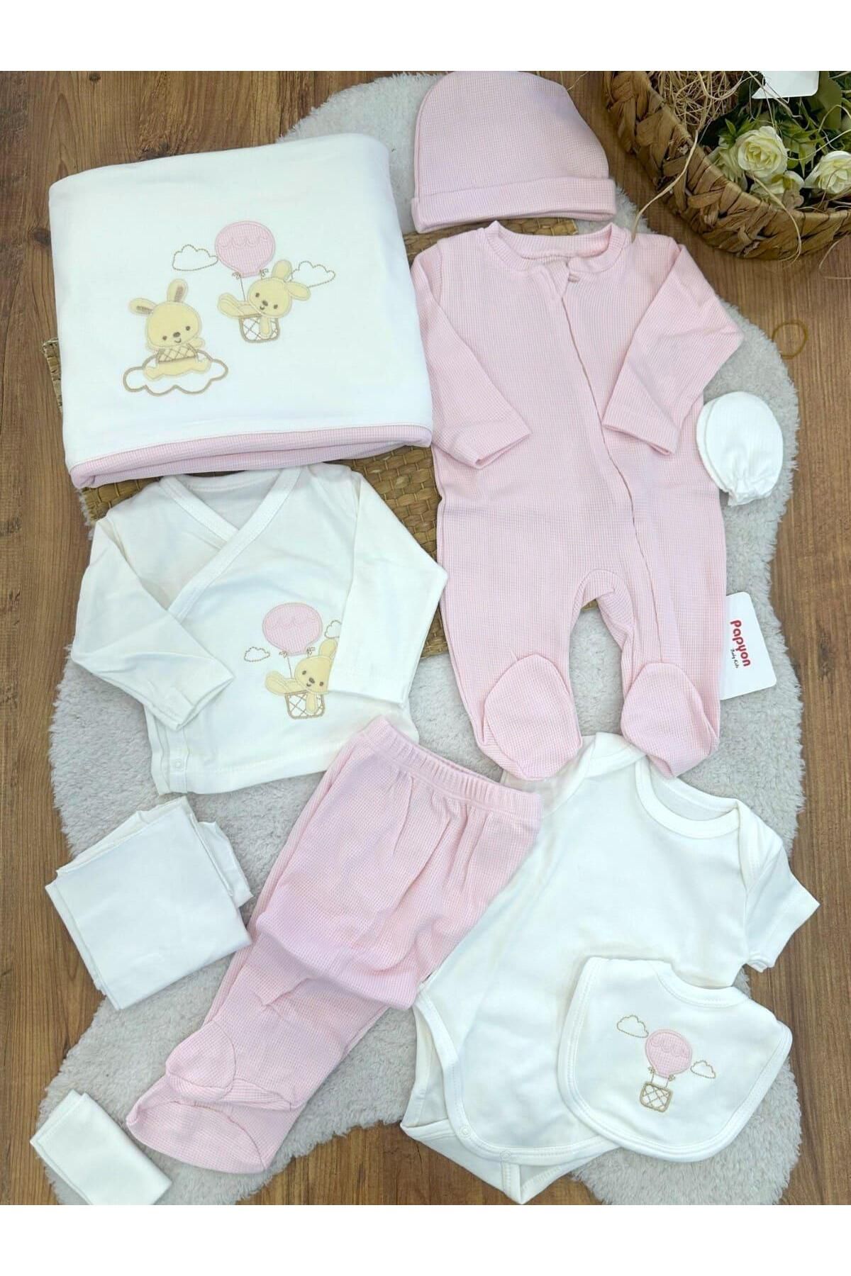 Papyon Baby Kids Balonlu Tavşan Aplikeli Nakışlı Tulumlu Yenidoğan Kız Bebek 10lu Zıbın Set Hastane Çıkışı