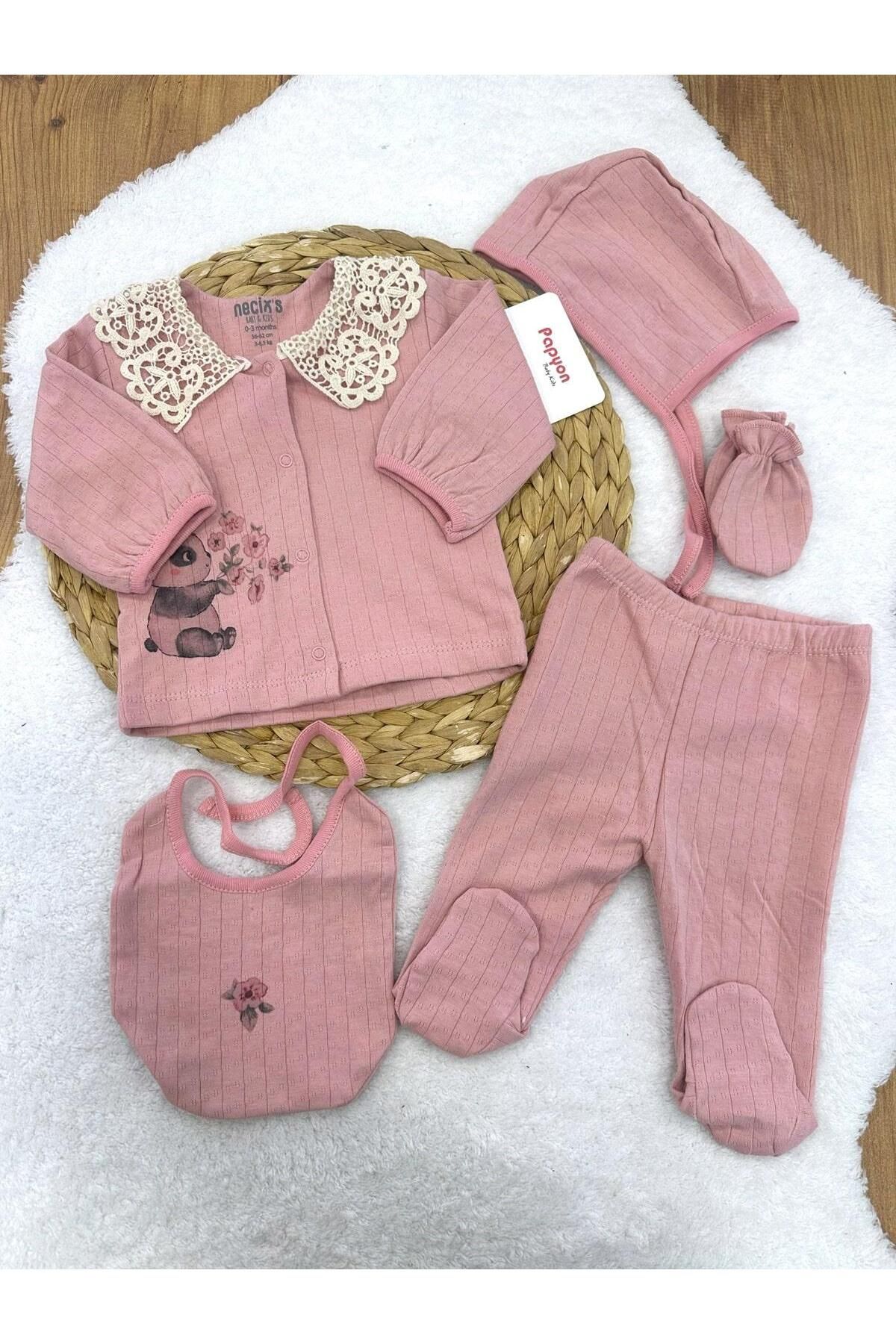 Papyon Baby Kids Dantelli Yakalı Panda Baskılı Yenidoğan Kız Bebek 5li Zıbın Set Hastane Çıkışı