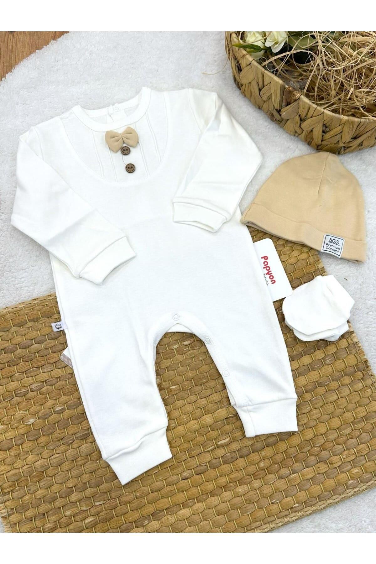 Papyon Baby Kids Nervürlü Papyonlu Bereli Eldivenli Erkek Bebek 3lü Tulum Set (0-3/3-6/6-9 Ay)