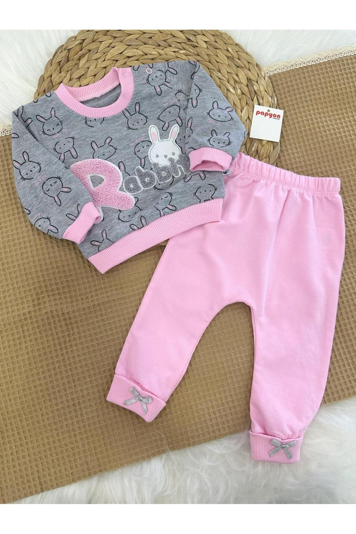 Papyon Baby Kids Süzene Rabbit Nakışlı Kız Bebek 2ip Penye Takım 6-9/9-12/12-18 Ay