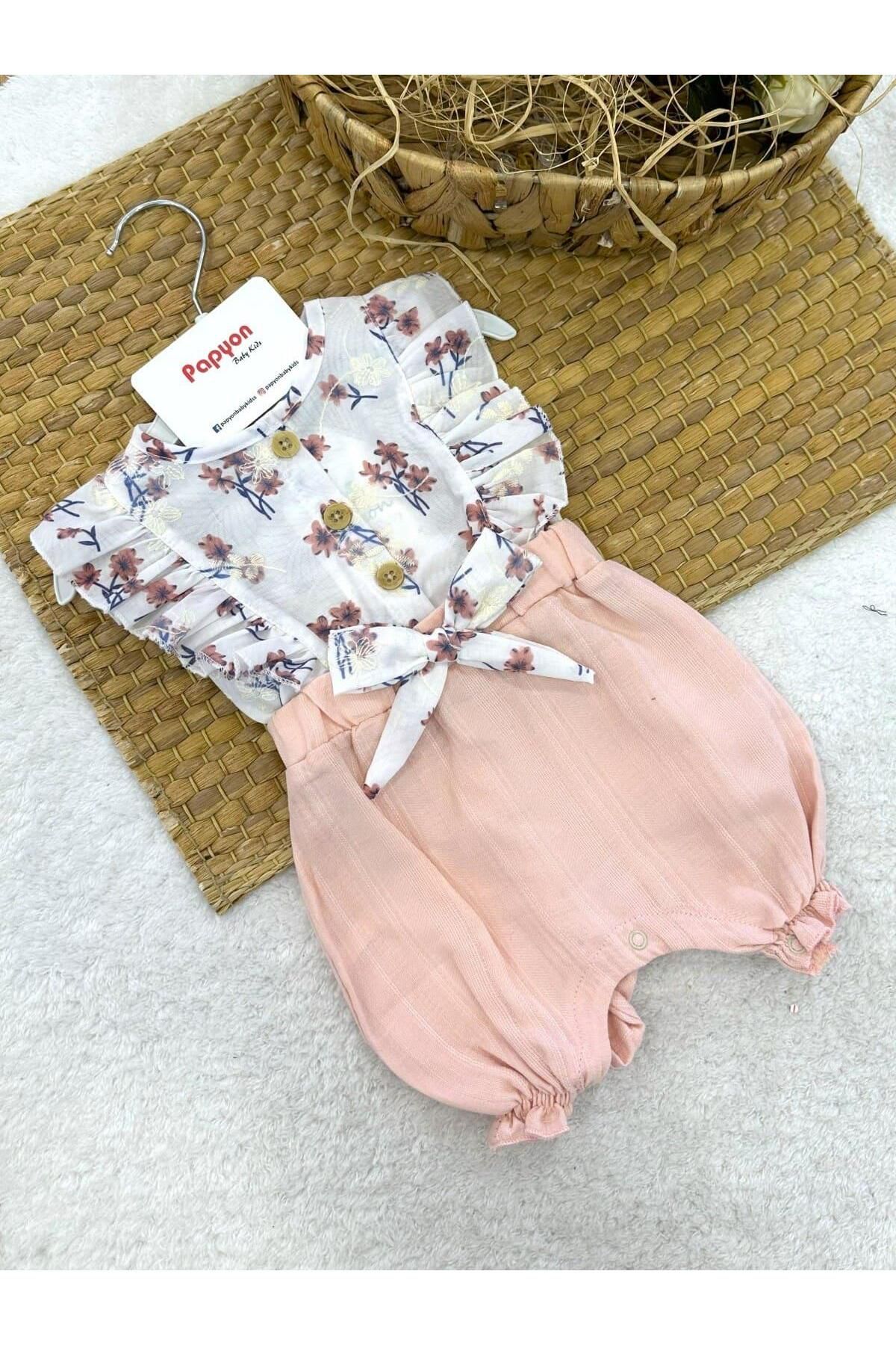 Papyon Baby Kids Çiçek Desenli Fiyonklu Kız Bebek Şort Tulum (3-6/6-9/9-12/12-18 Ay)