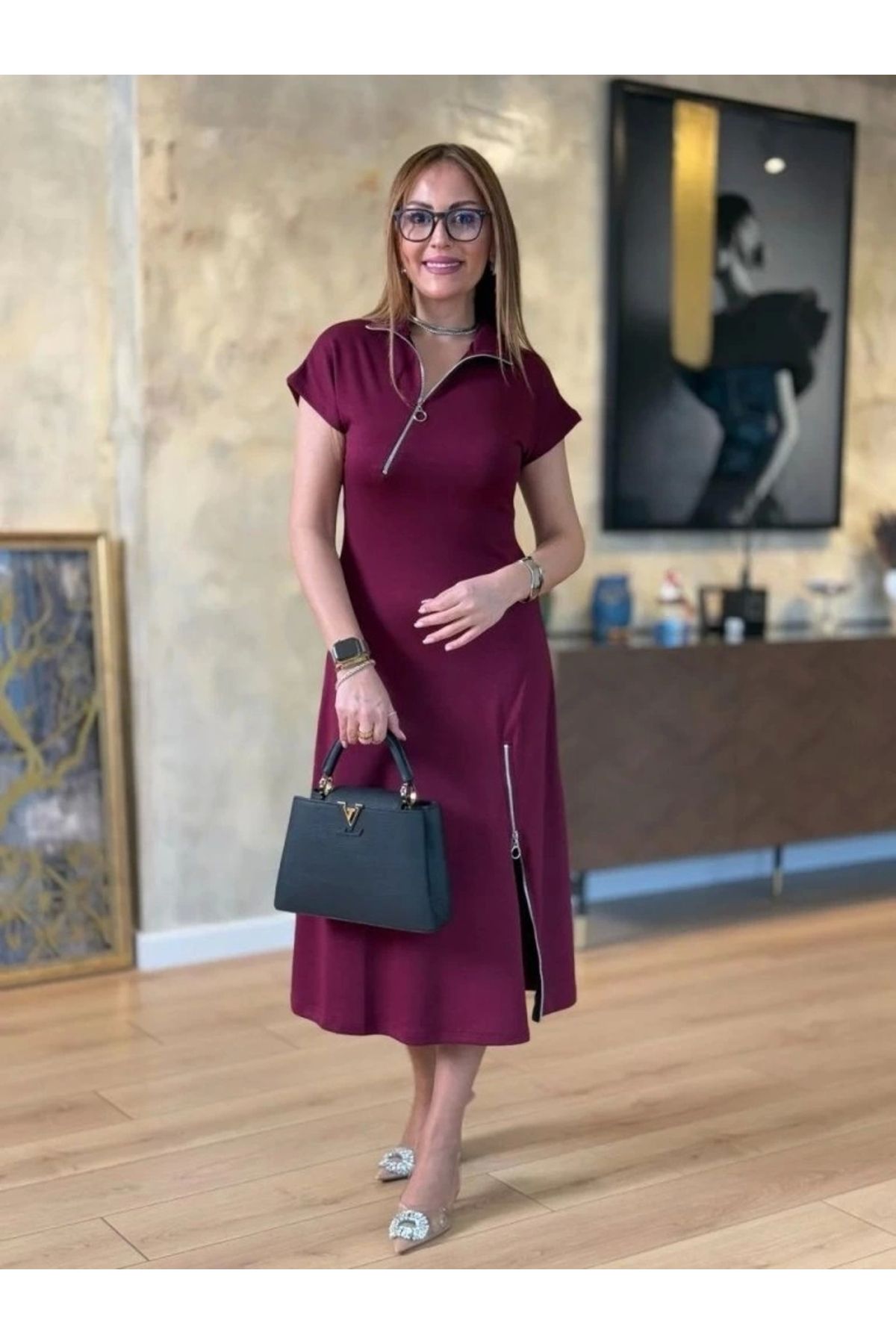 Butik Kadın Kısa Kollu Yakadan Ve Etekten Fermuarlı Midi Viskon Iki Iplik Elbise